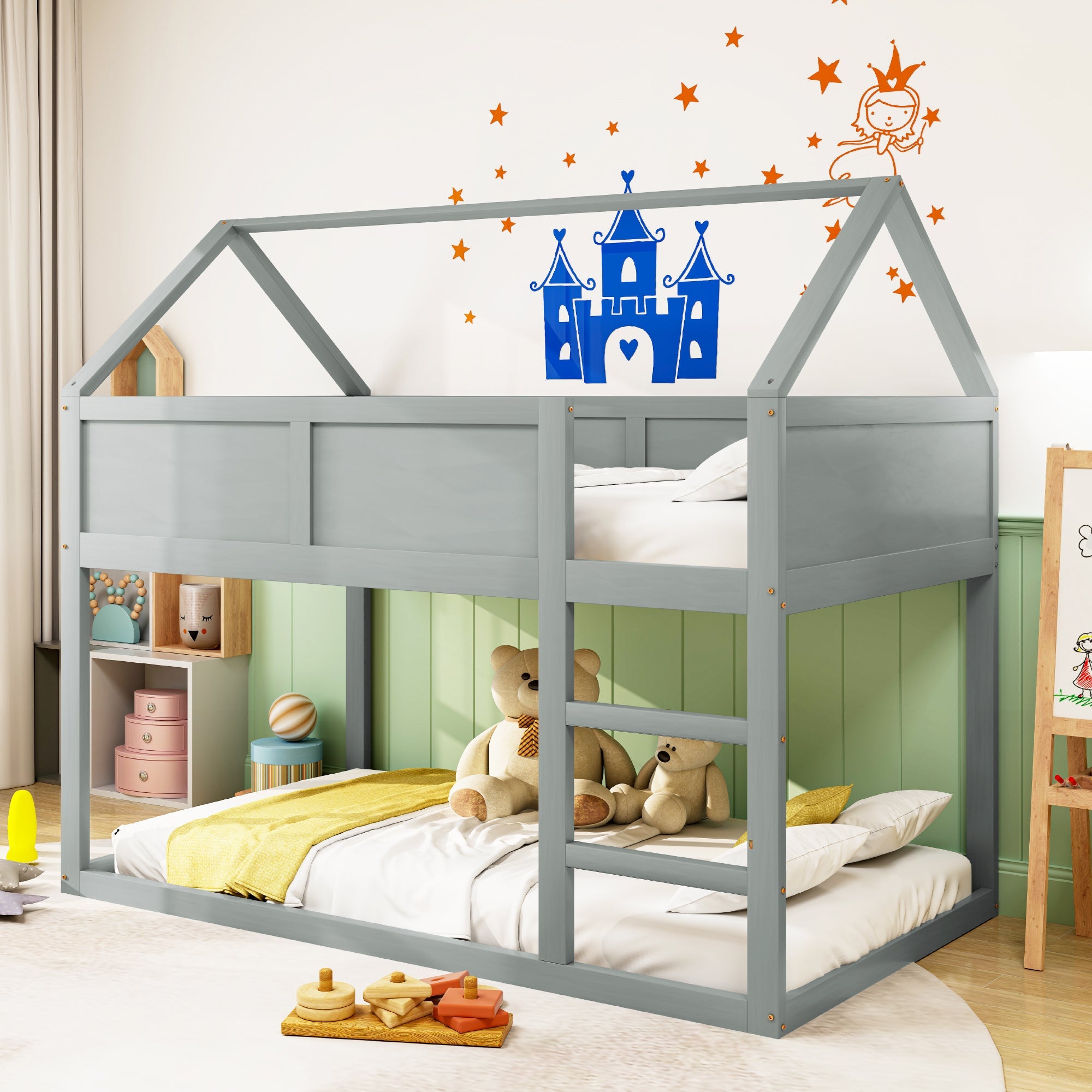 Logidon laag kinderbed 90x200 grijs met trap massief hout