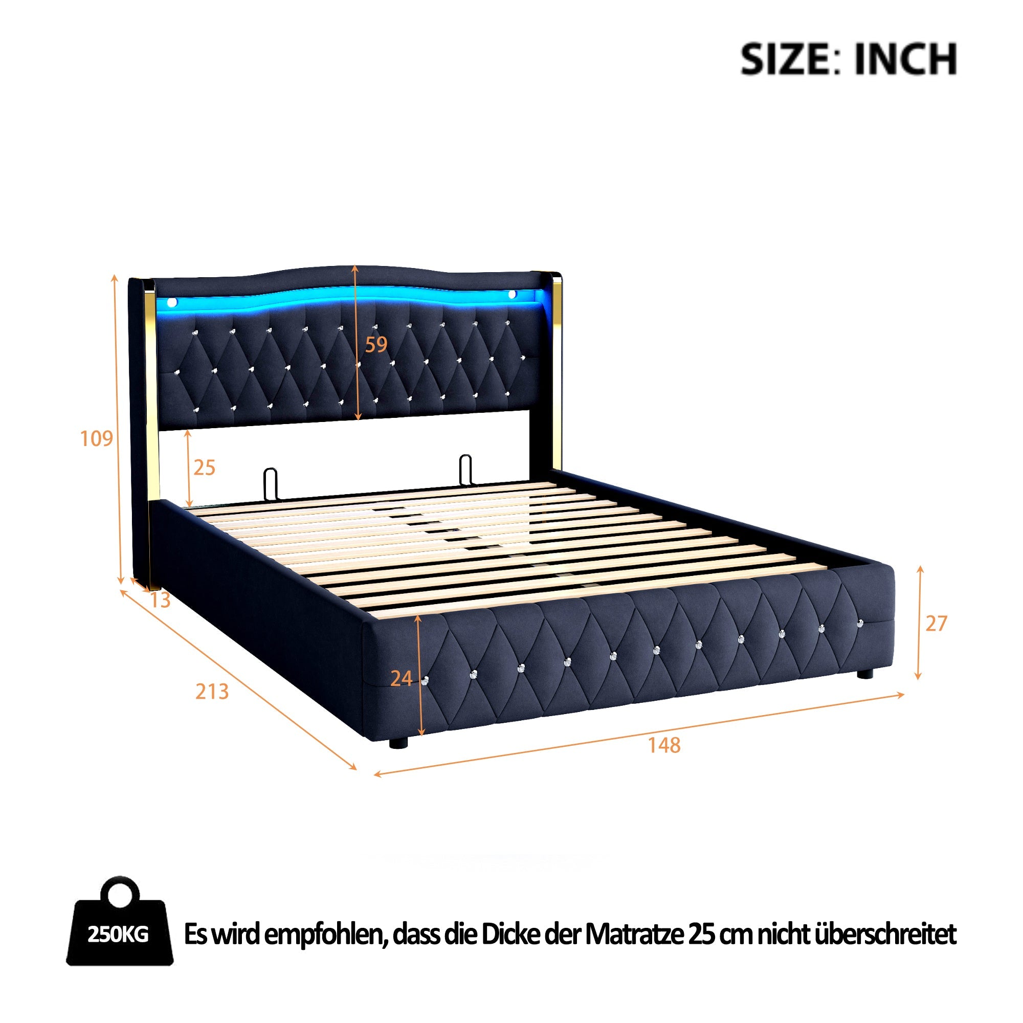 Logidon gestoffeerd bed 140x200 cm Velvet Black LED-verlichting