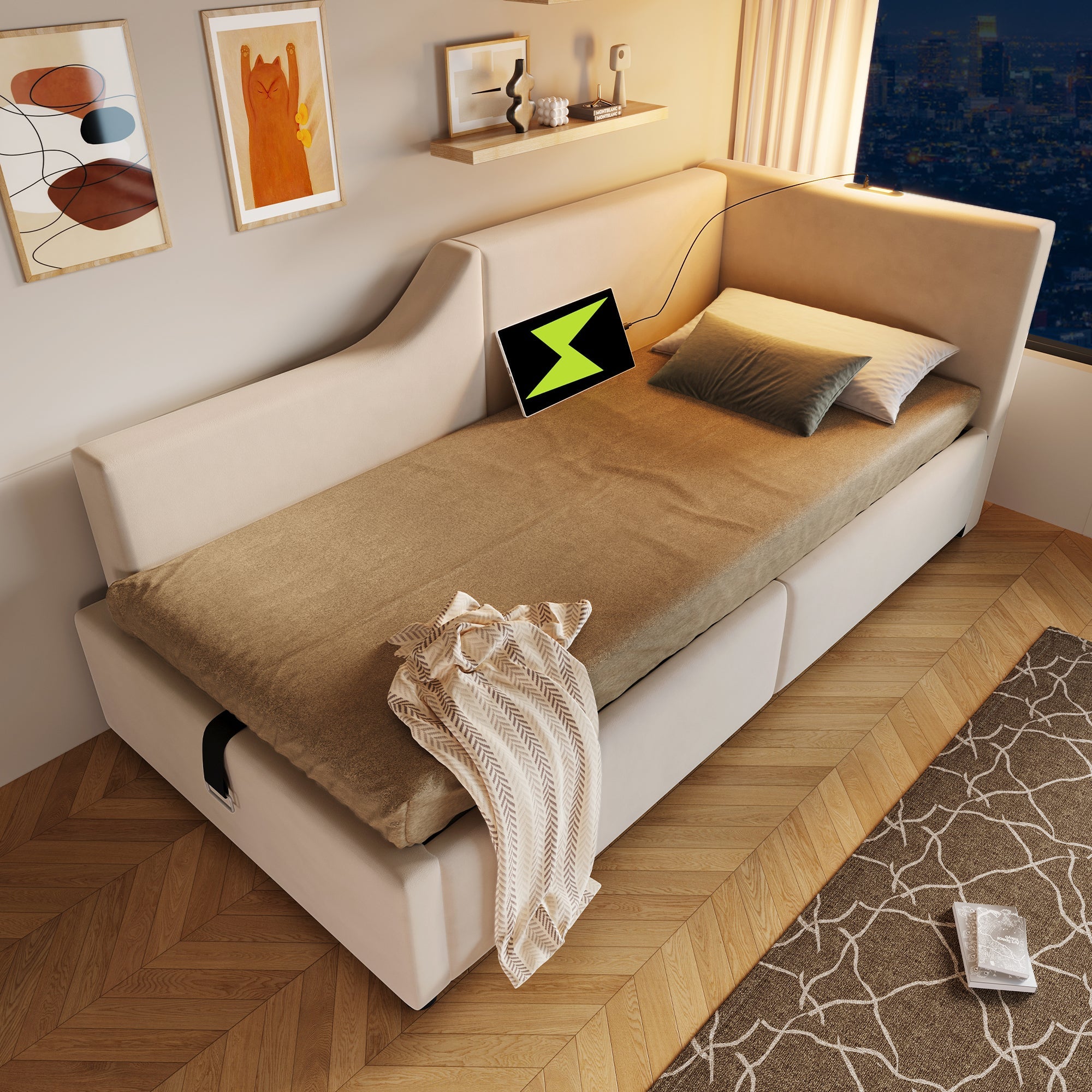 Logidon fluwelen dagbed 90x190 beige met opbergruimte, USB-C, leeslampje