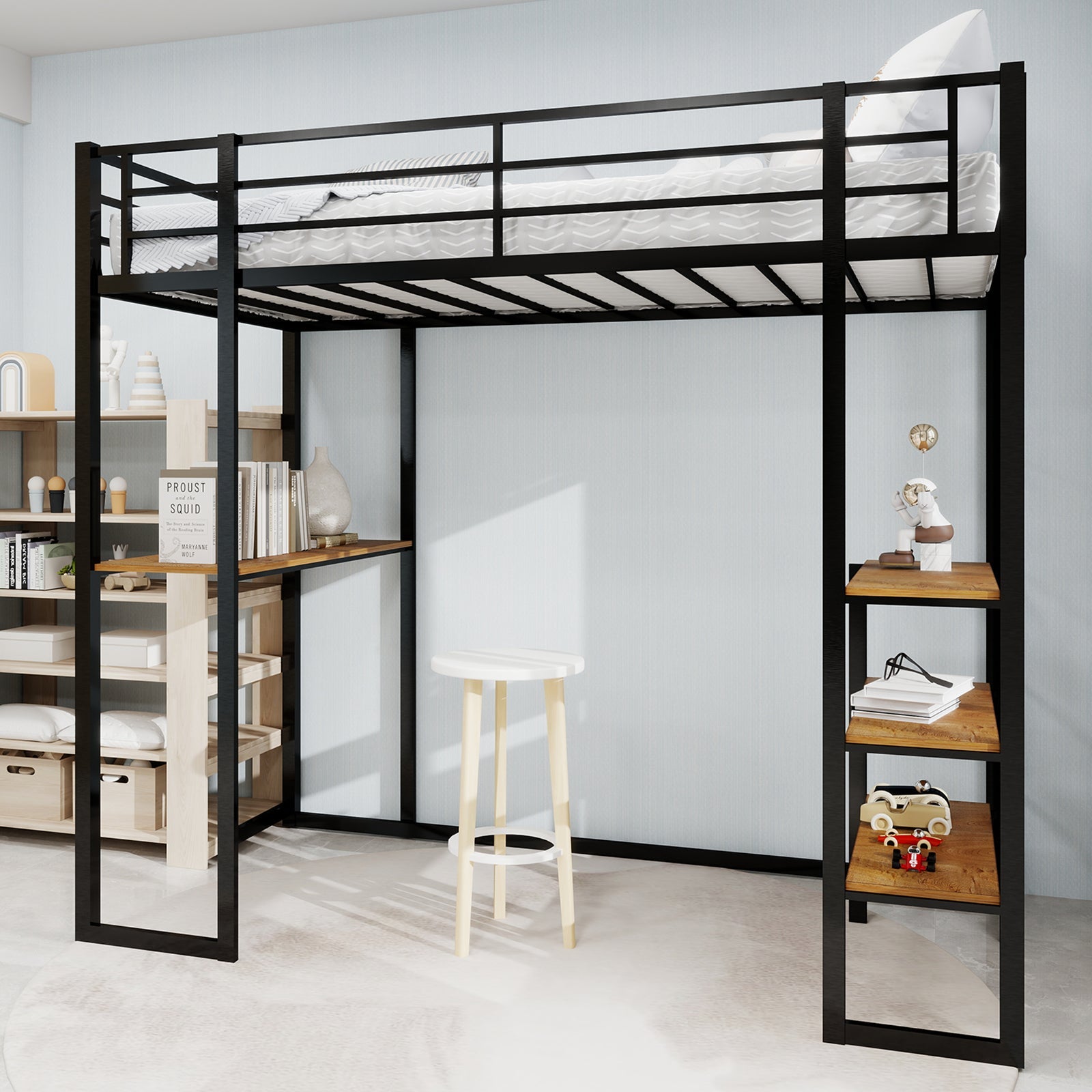 Logidon ijzeren framebed met L-bureau en trap zwart