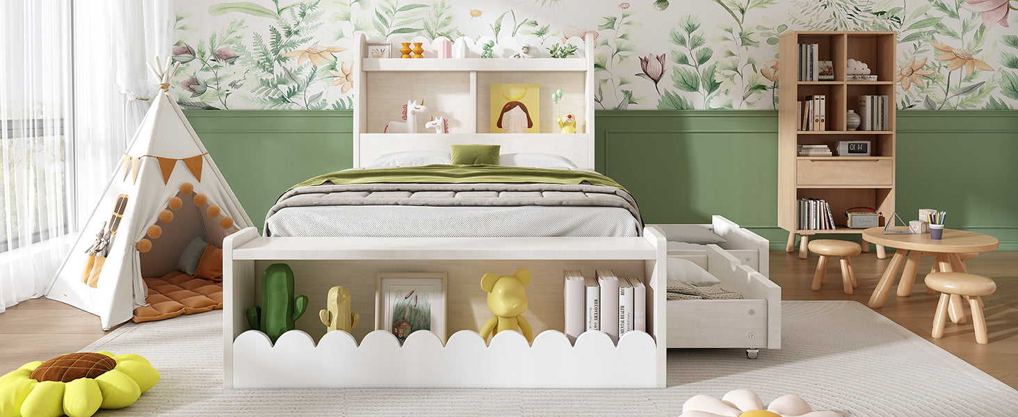 Logidon kinderbed 90x190 opbergruimte lades plank bank wit eiken