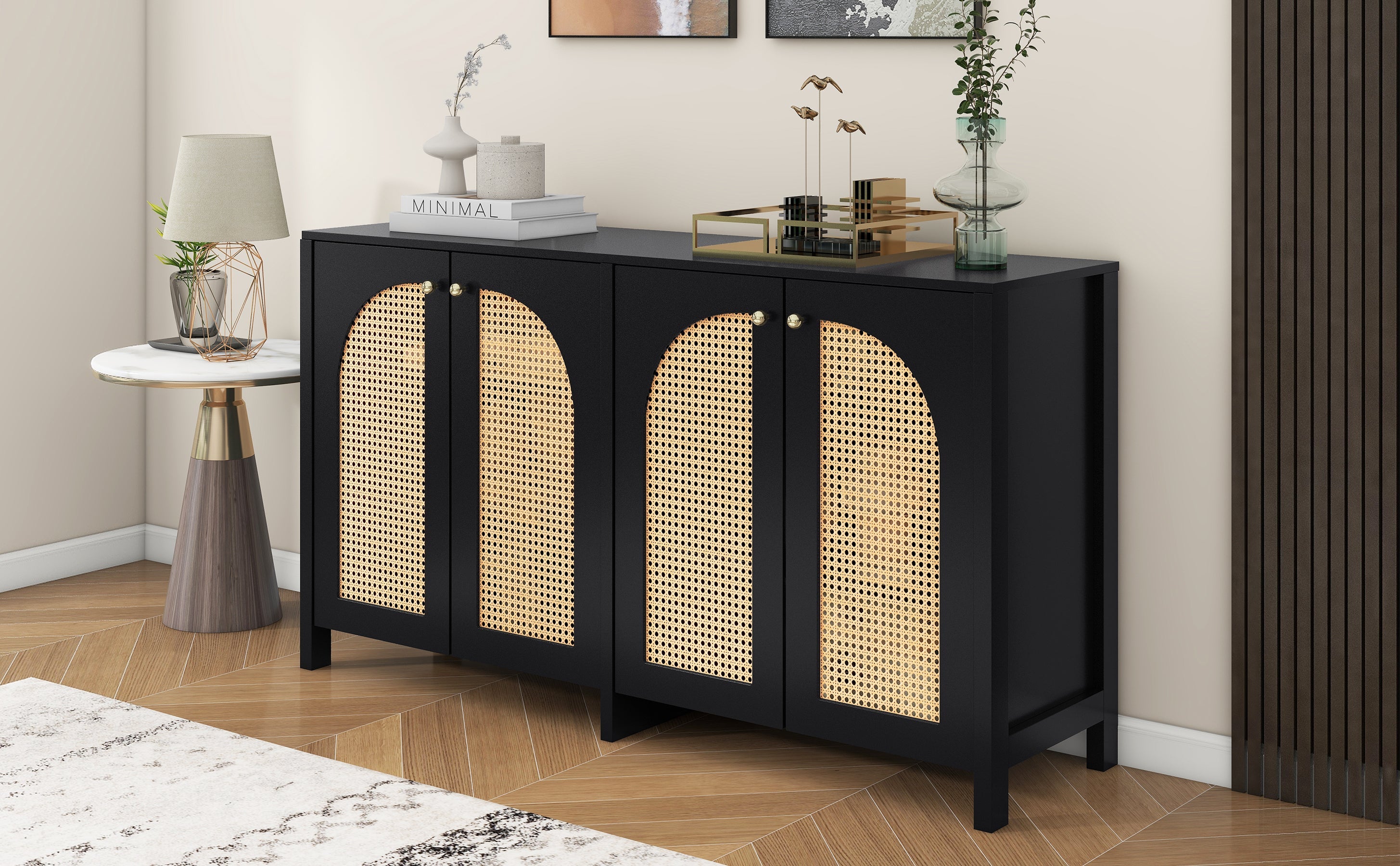 Logidon Dressoir Zwart Met Rotan Deuren Modern Buffet 145x40x80