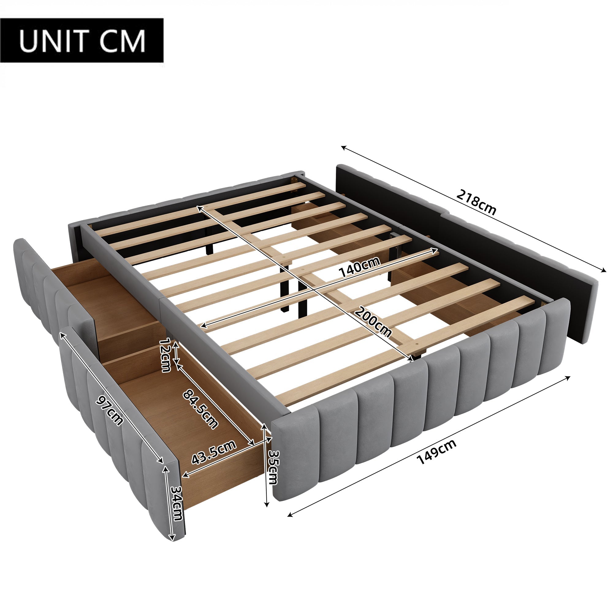Logidon gestoffeerd bed 140 x 200 cm grijs met lattenbodem designbed