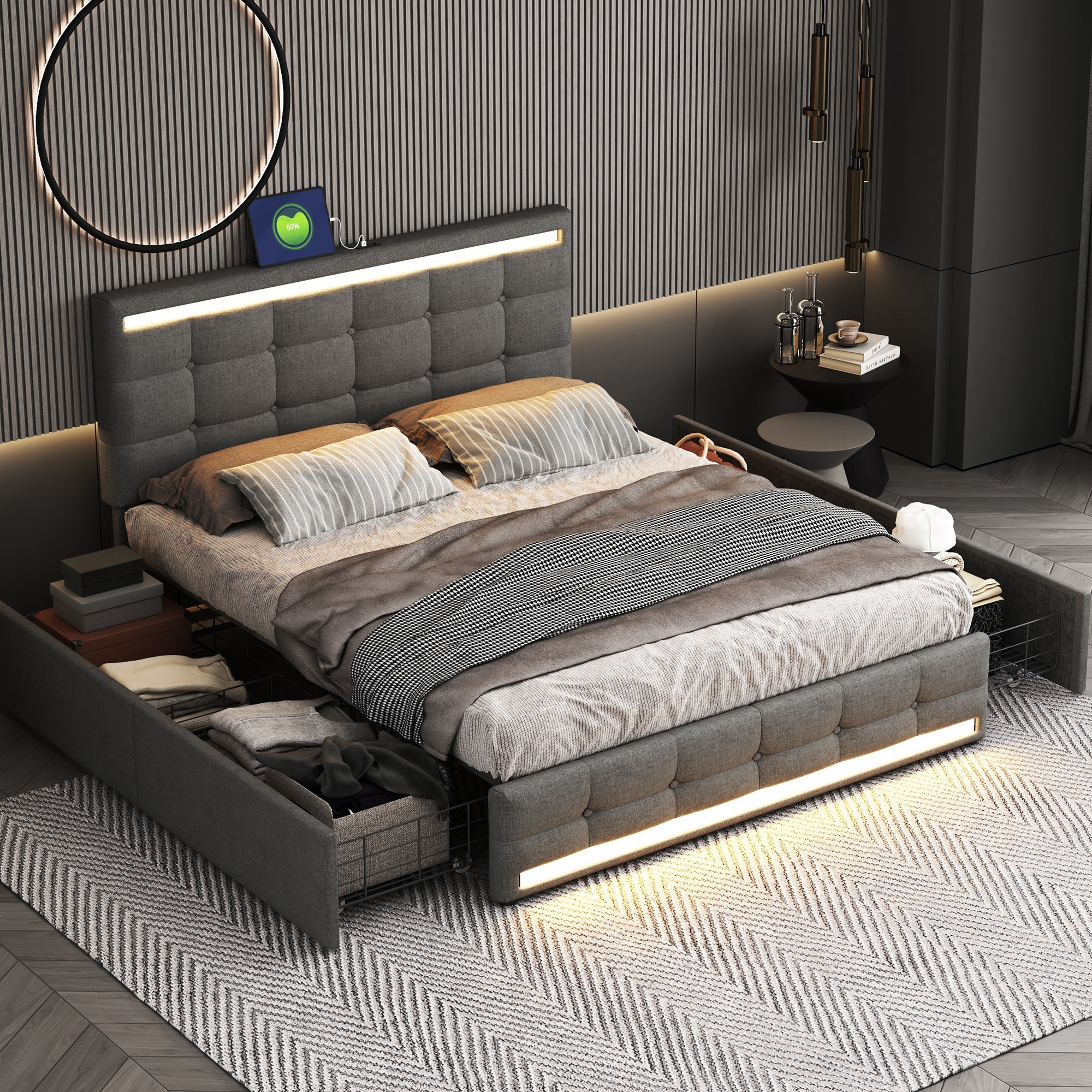 Logidon gestoffeerd bed 140x200 cm grijs LED opbergruimte USB 4 lades