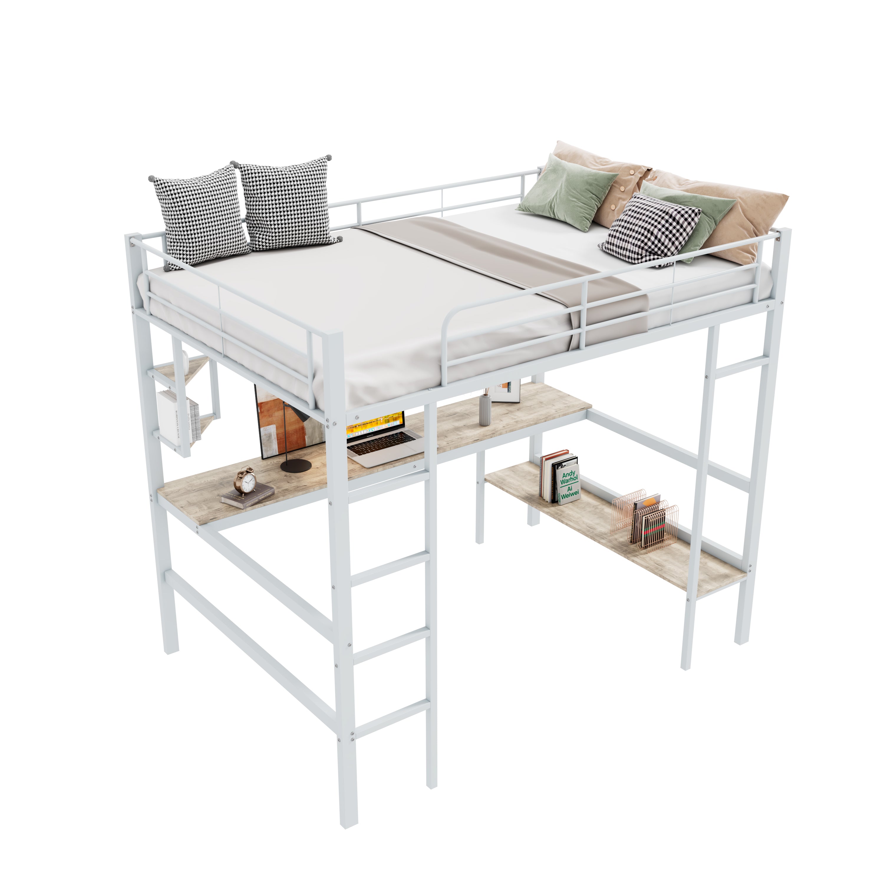 Logidon 90x200cm metalen hoogslaper met bureau en planken wit