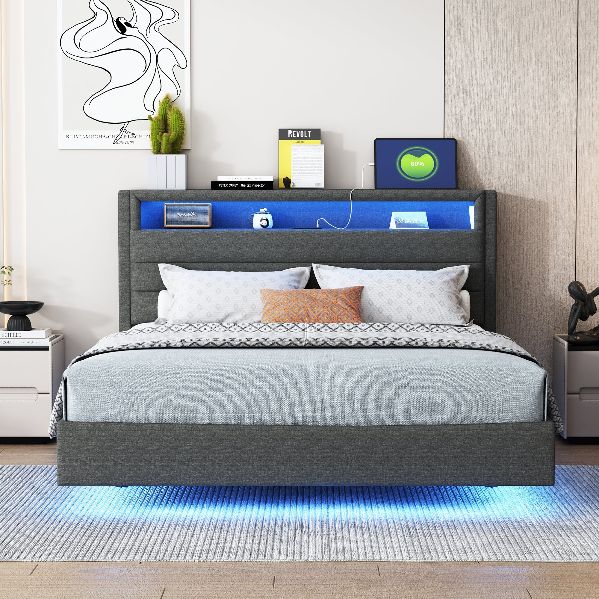 Logidon bed 140x200 cm grijs USB-aansluiting LED omkeerbaar hoofdeinde