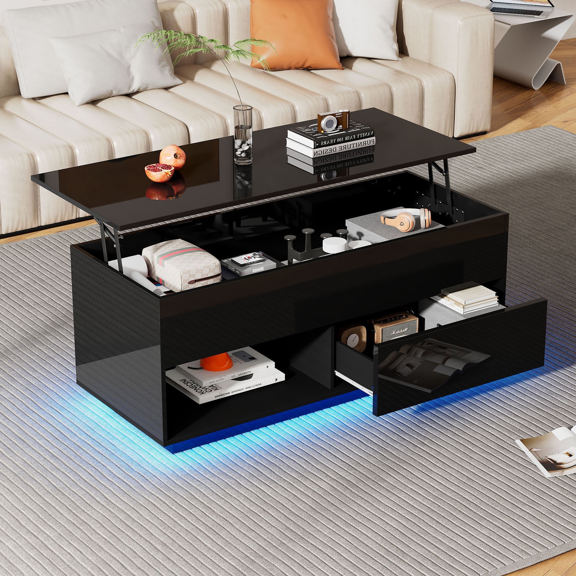 Logidon hoogglans salontafel 100x50x55 cm zwart LED-verlichting
