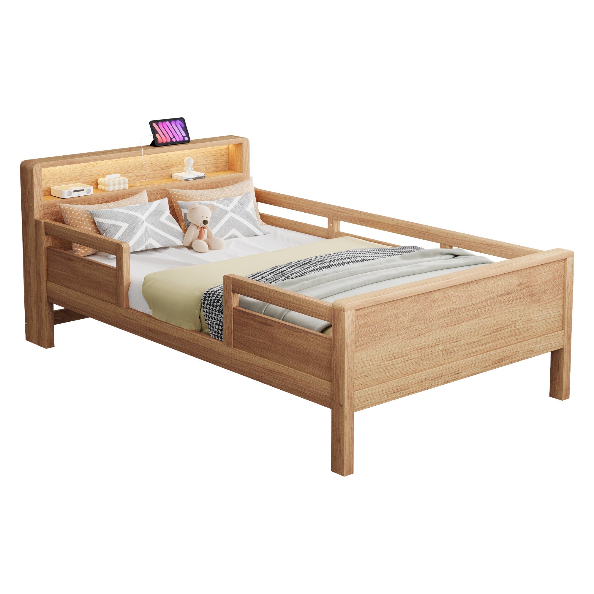 Logidon houten bed 90x200 cm naturel met USB-C stopcontact en LED