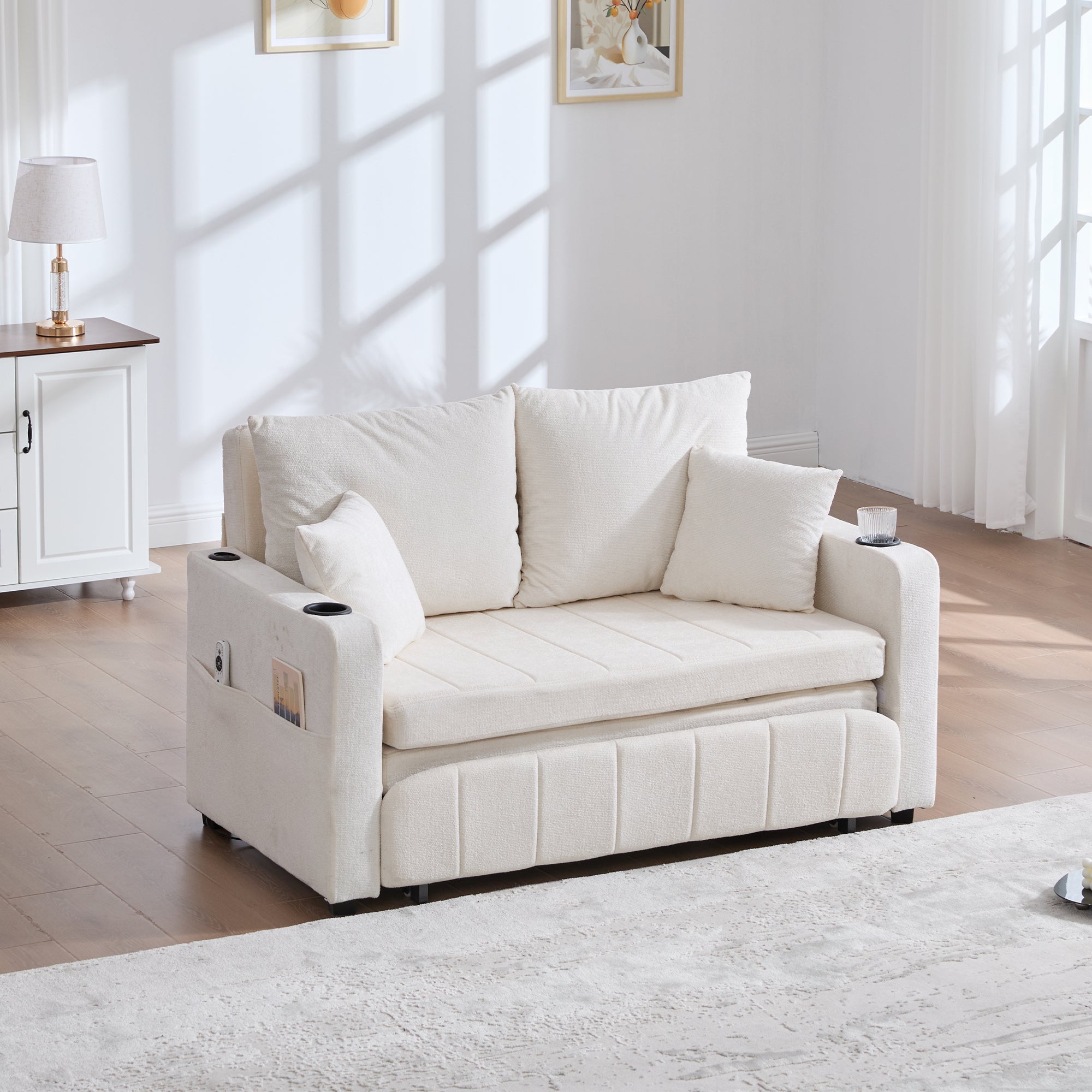 Logidon Beige Fluweel Multifunctionele Stoffen Bank Uitschuifbaar USB