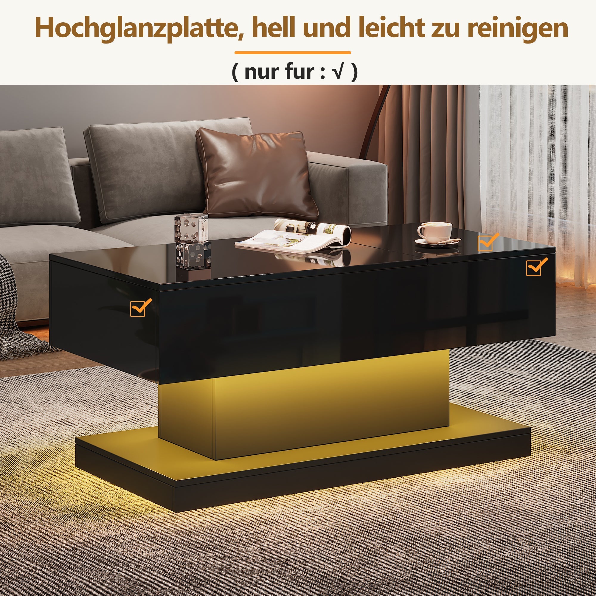 Logidon hoogglans liftsalontafel zwart 100x50x45 cm LED-verlichting