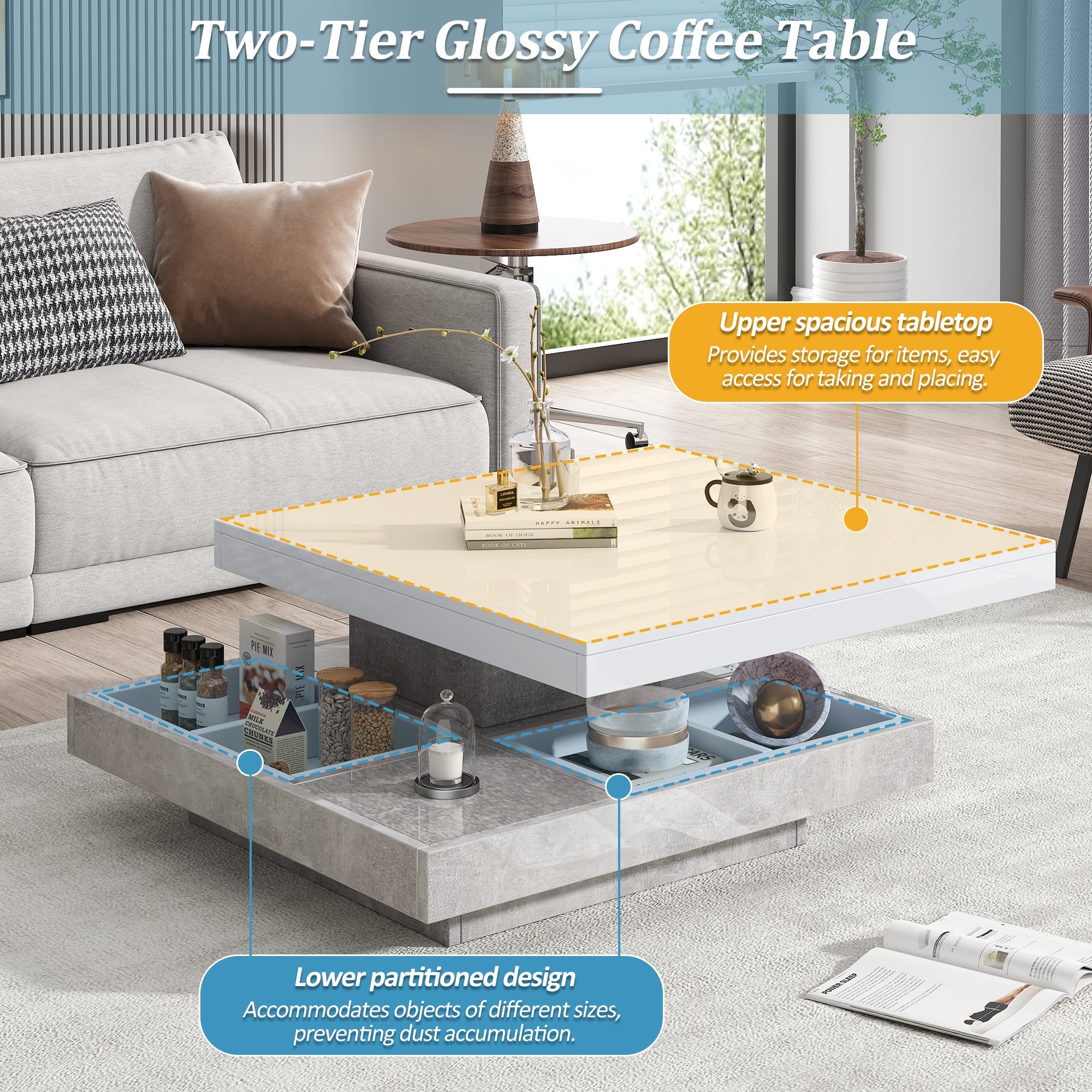 Logidon 360 graden draaibare salontafel 70x70x36 cm wit hoogglans
