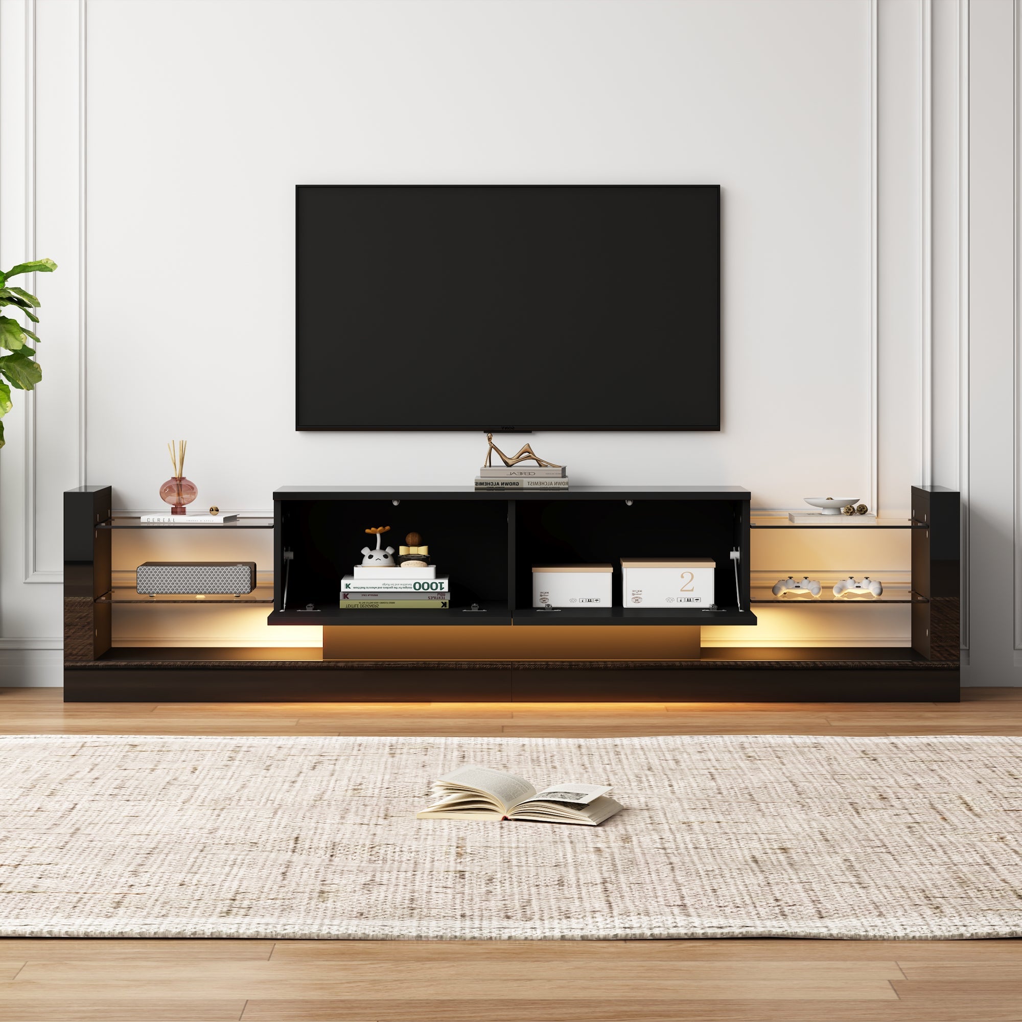 Logidon high-gloss TV cabinet 181 cm LED lighting black glass front