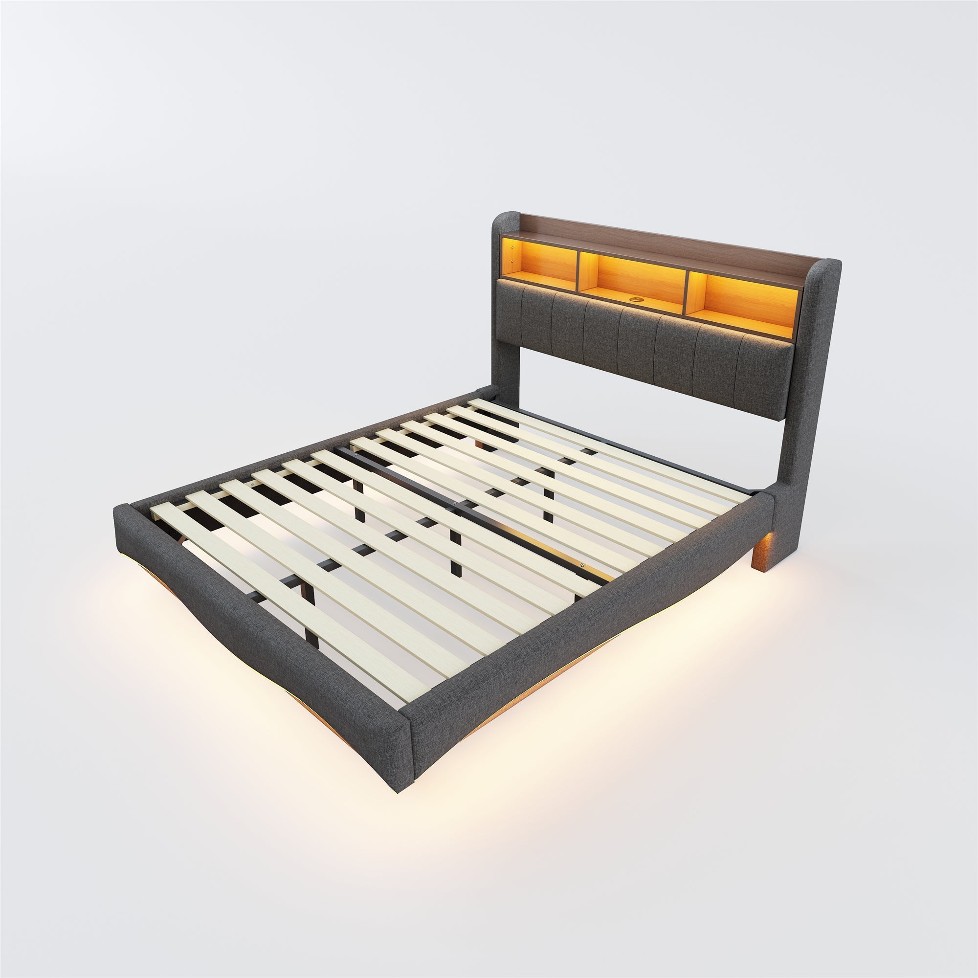 Logidon upholstered bed 140x200 gray with LED light USB storage space