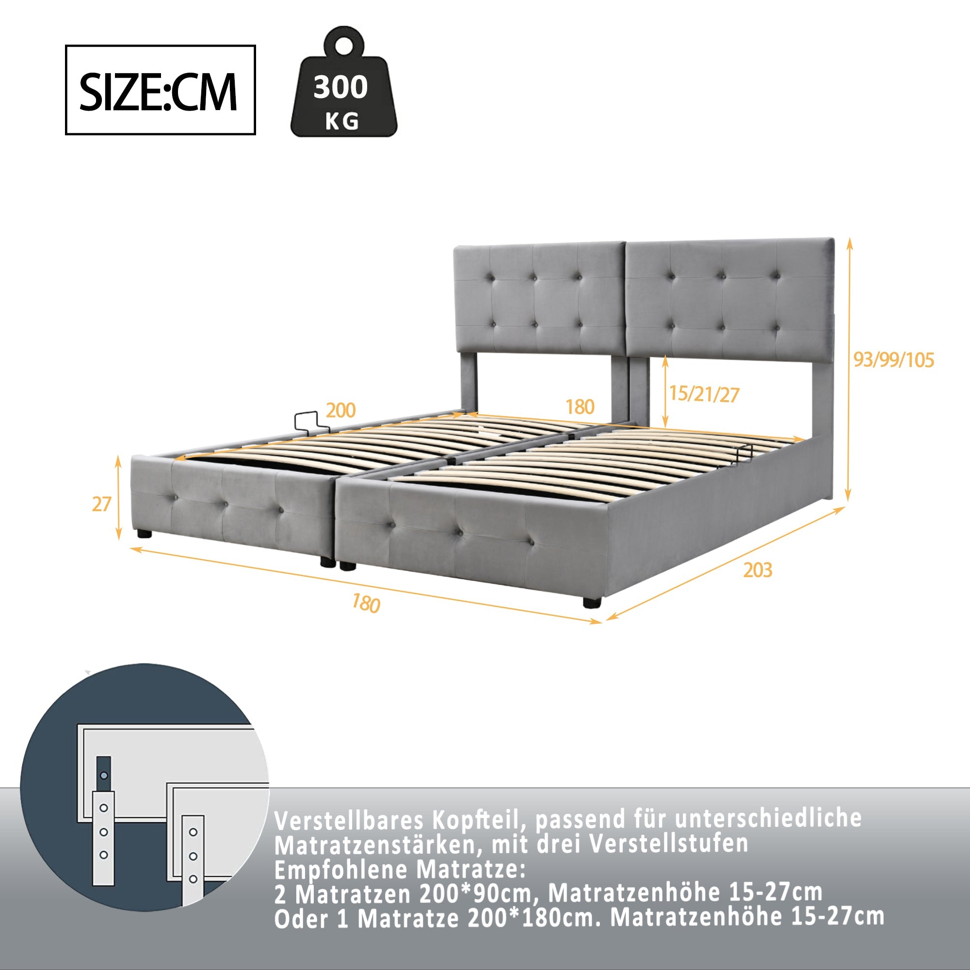 Logidon gestoffeerd bed 180x200 cm grijs hydraulische opbergruimte