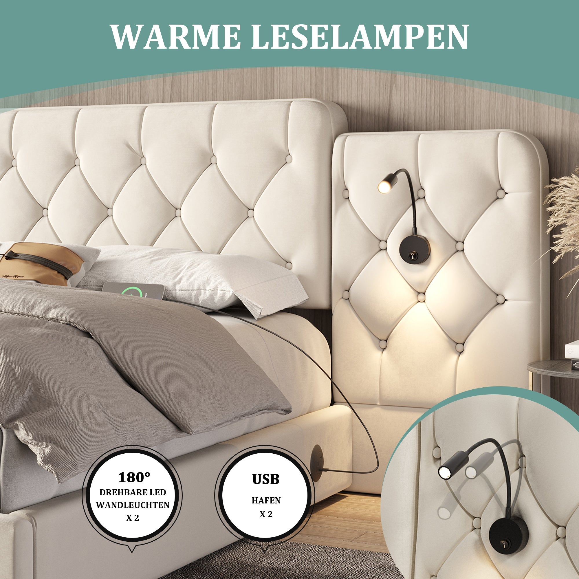 Logidon bedframe beige fluweel met lang hoofdeinde en USB-poorten