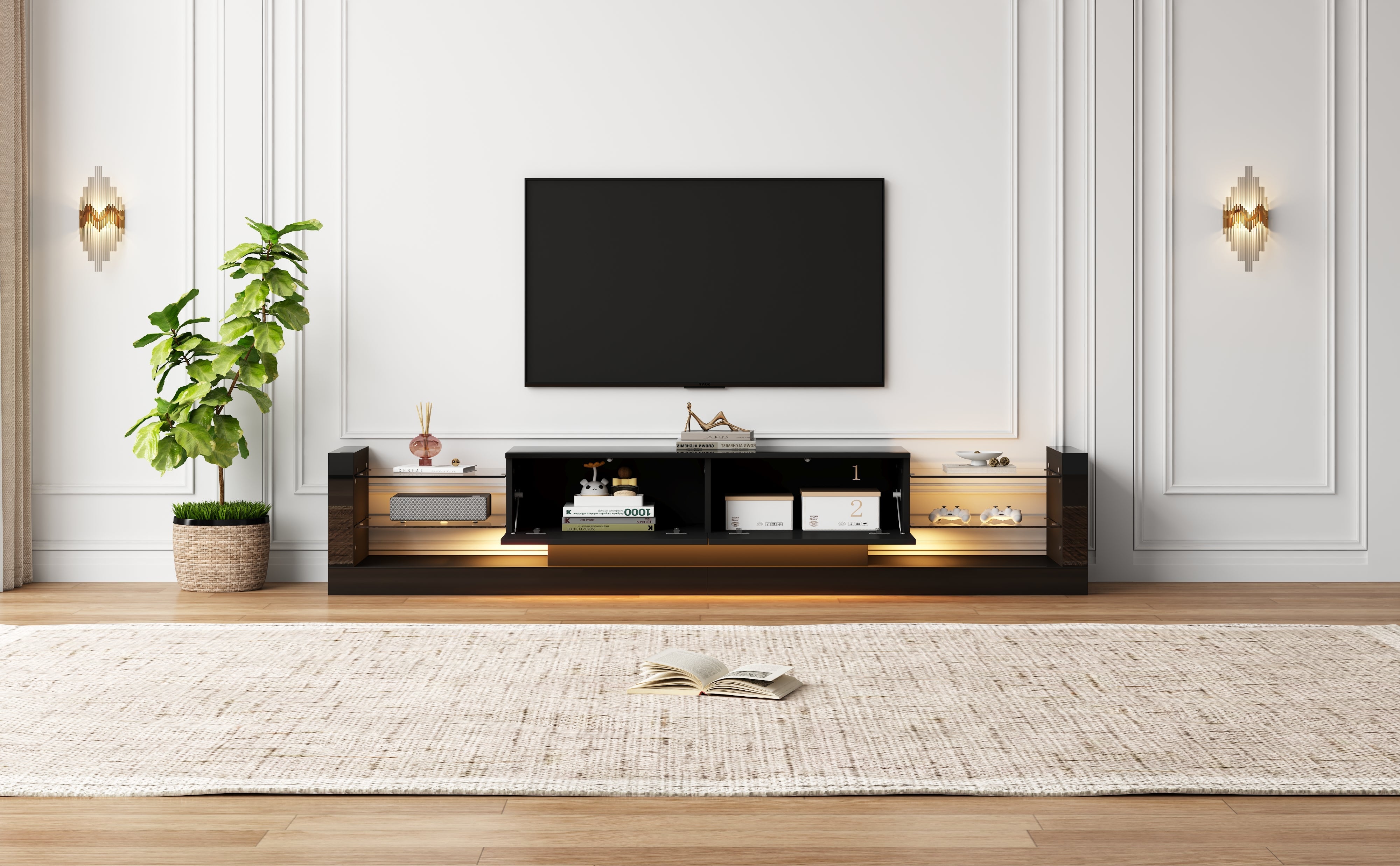 Logidon high-gloss TV cabinet 181 cm LED lighting black glass front