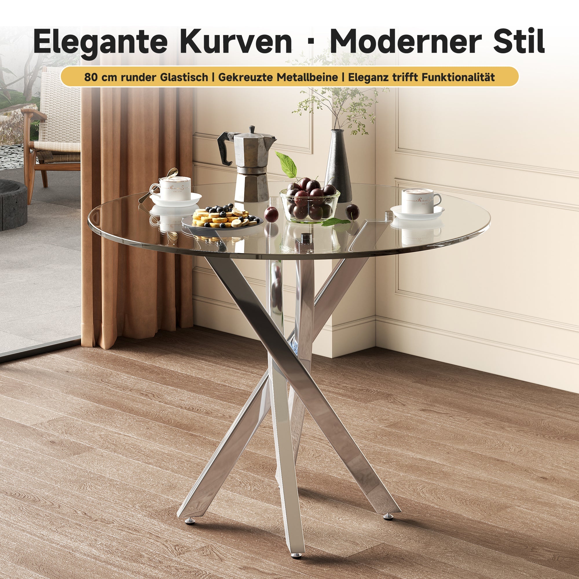Logidon round dining table glass top 80x80cm silver modern design