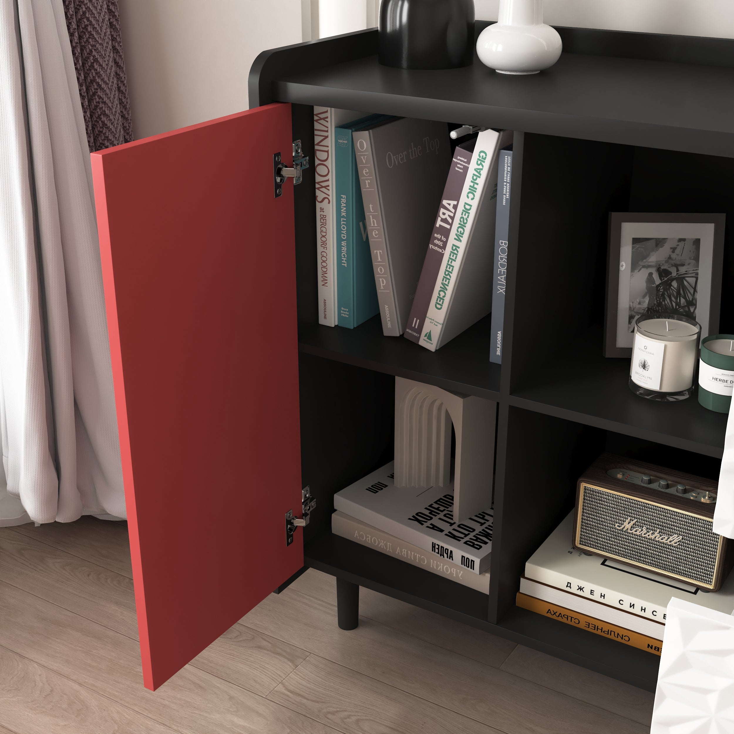 Logidon Dressoir Zwart Met Rode Deuren 2 Lades 90x40x80 cm