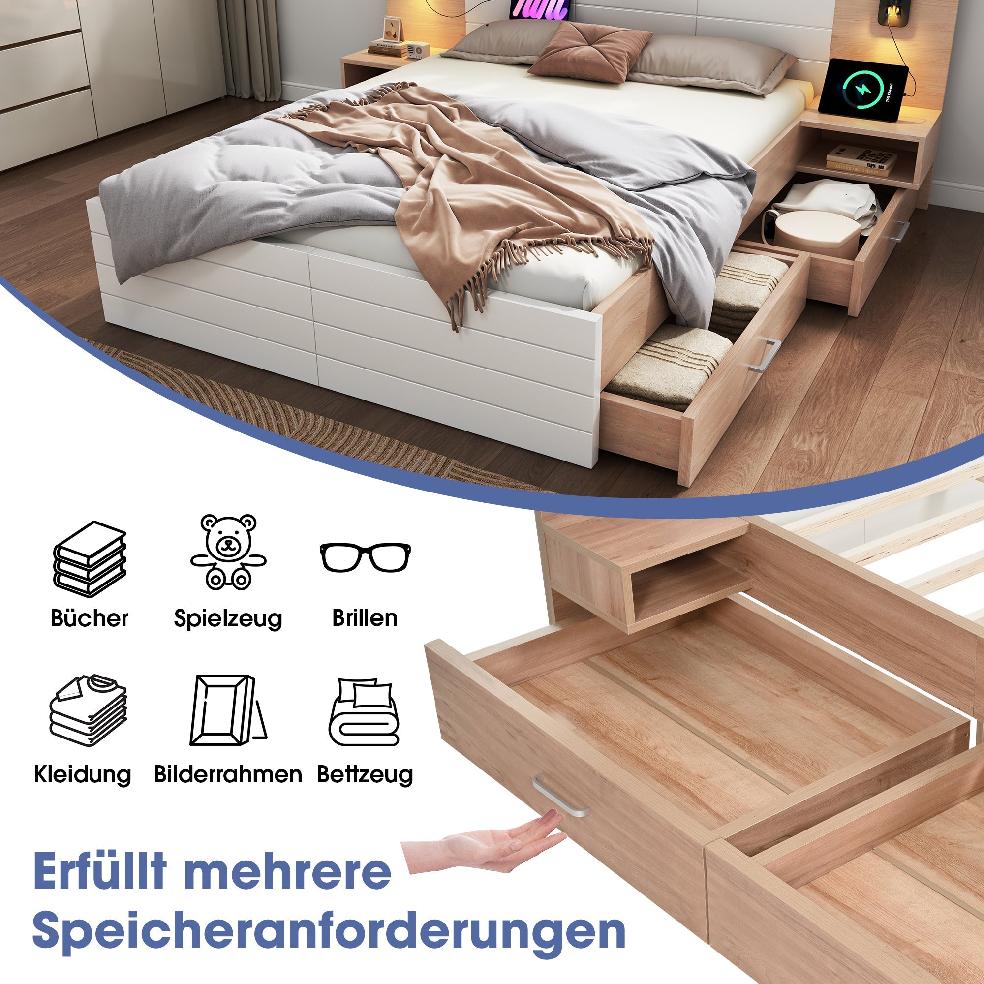 Logidon tweepersoonsbed 160x200 cm in wit eikenhout met 2 laden