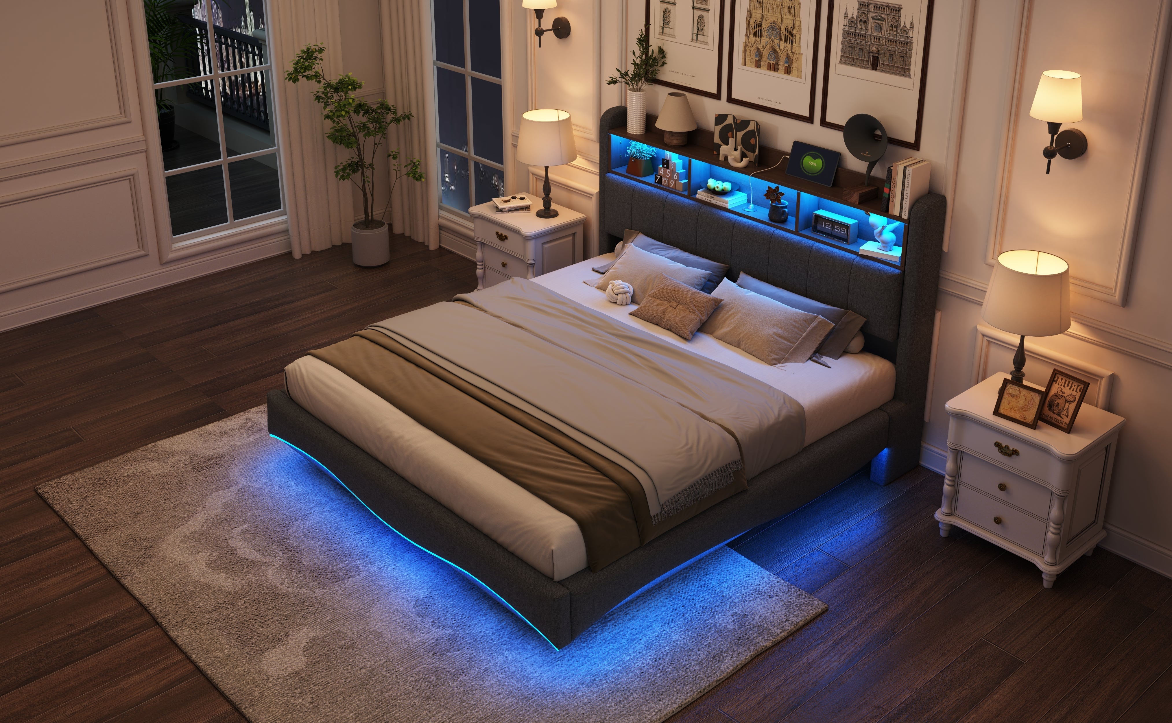 Logidon hangend gestoffeerd bed 160x200 grijs met LED-licht USB TypeC