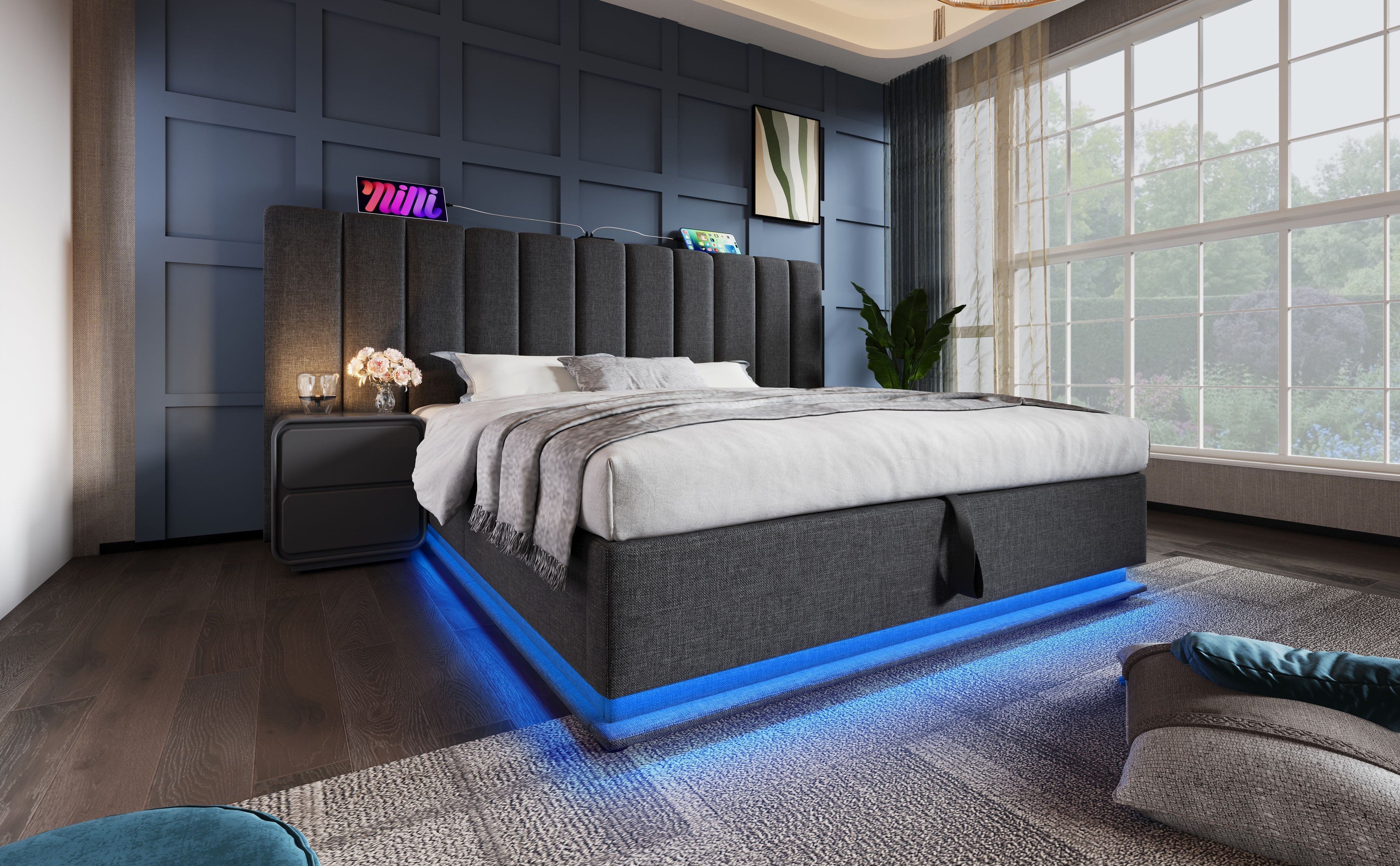 Logidon gestoffeerd bed 160x200 grijs met opbergruimte LED app bediening