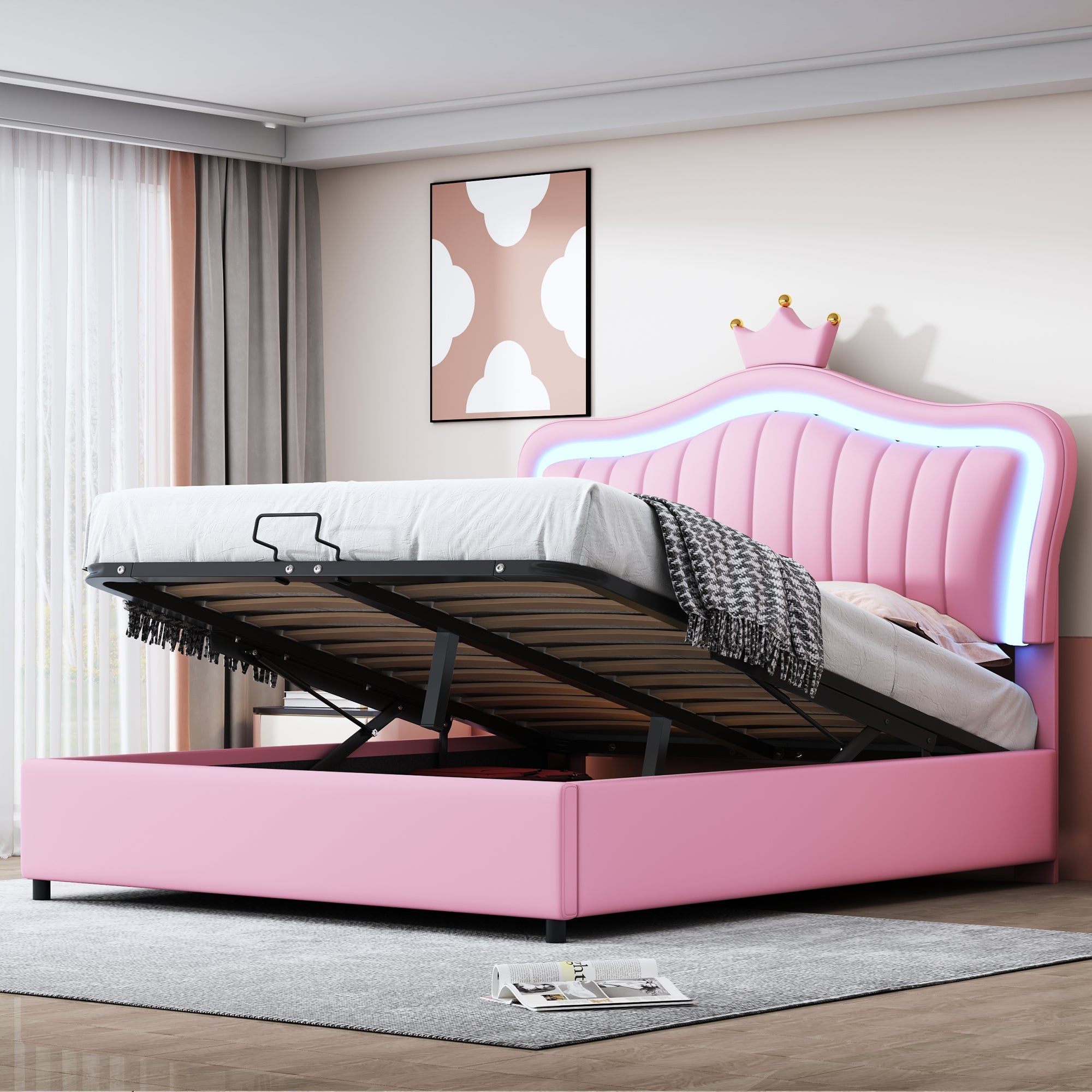 Logidon kinderbed 140x200 roze gestoffeerd bed met hydraulische opbergruimte