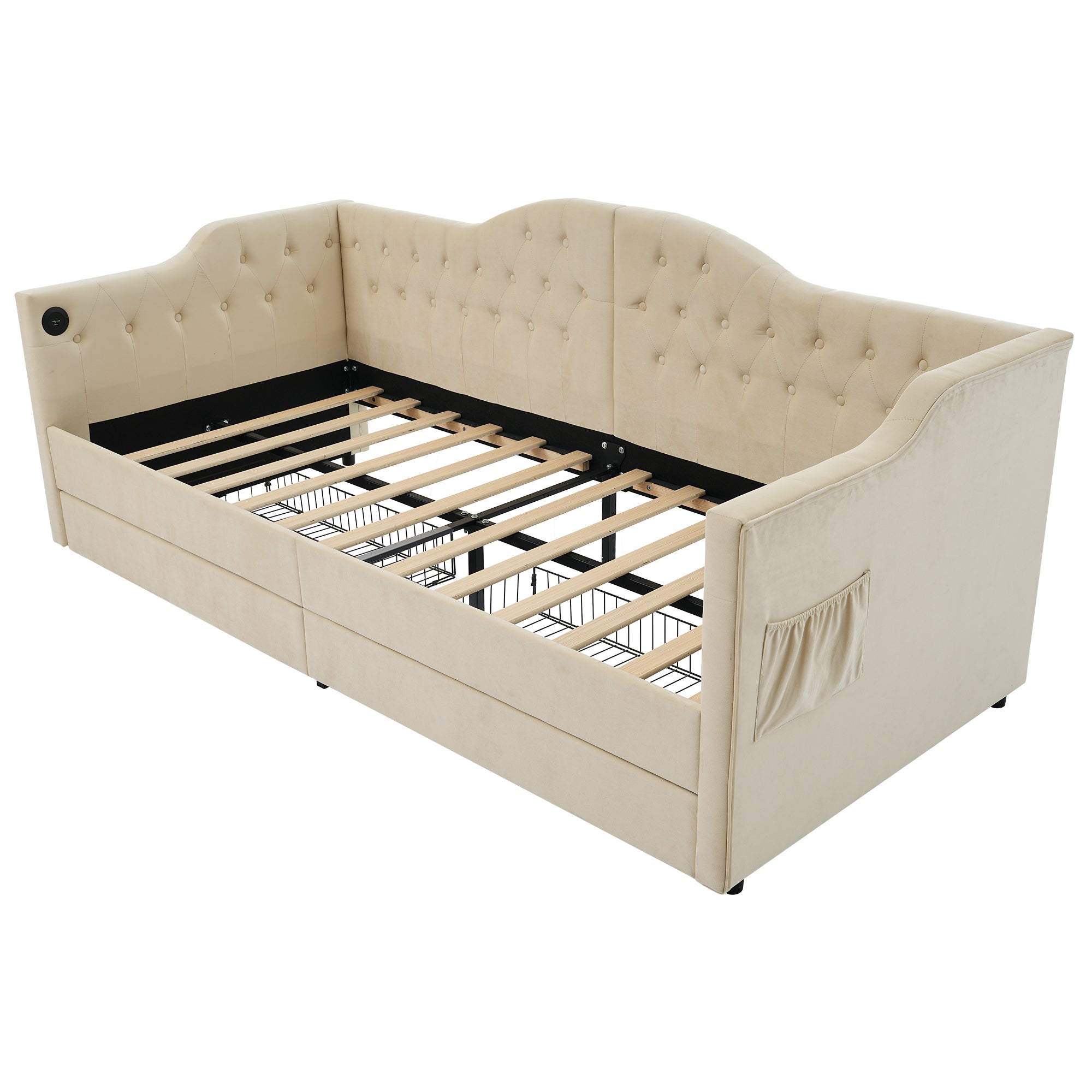 Logidon gestoffeerde slaapbank 90x200 beige USB-oplaadfunctie 2 compartimenten