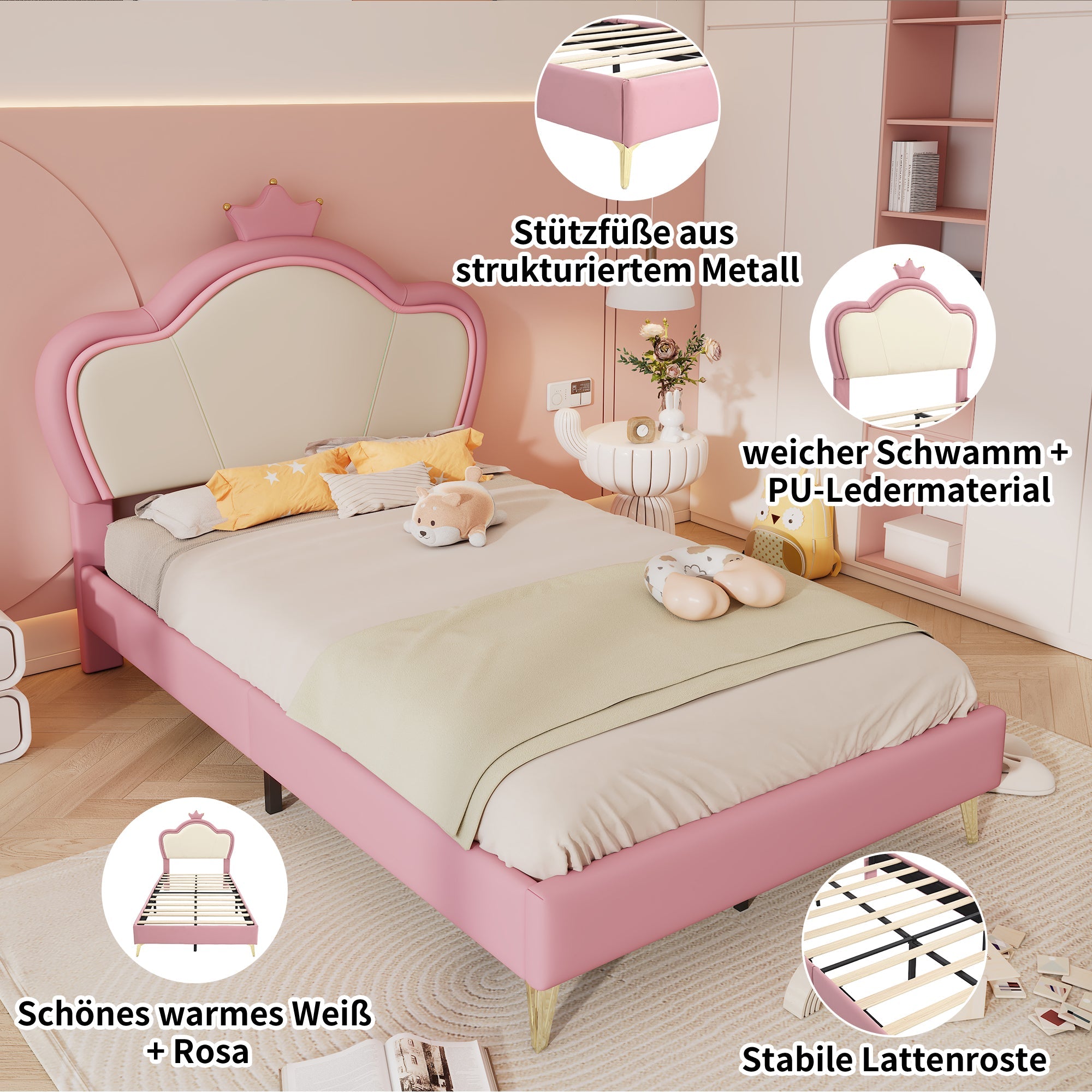 Logidon gestoffeerd bed kinderbed 90x200cm roze wit met kroonhoofdbord