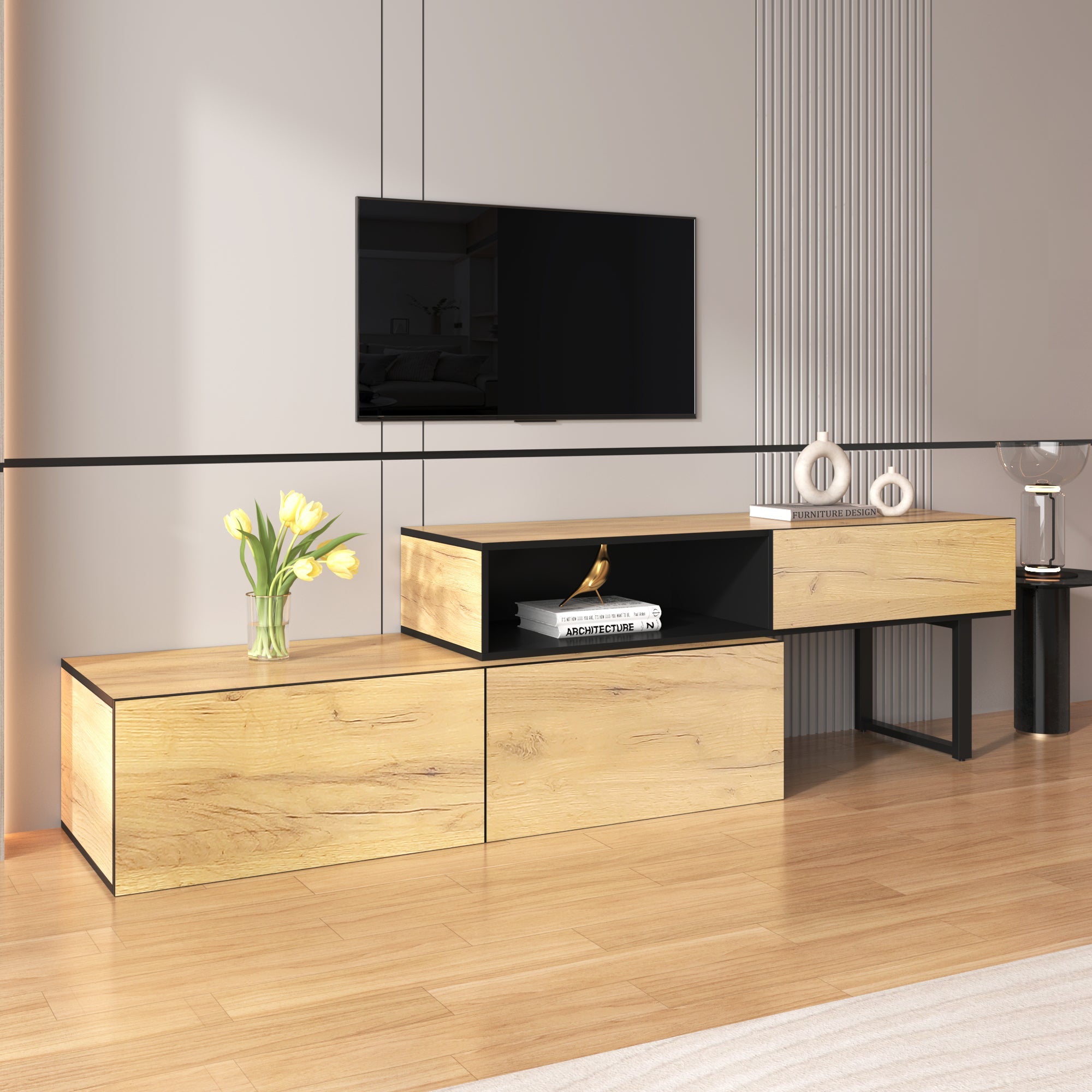 Logidon Adjustable TV Cabinet Combination 135-200cm Three Drawers Large Compartment