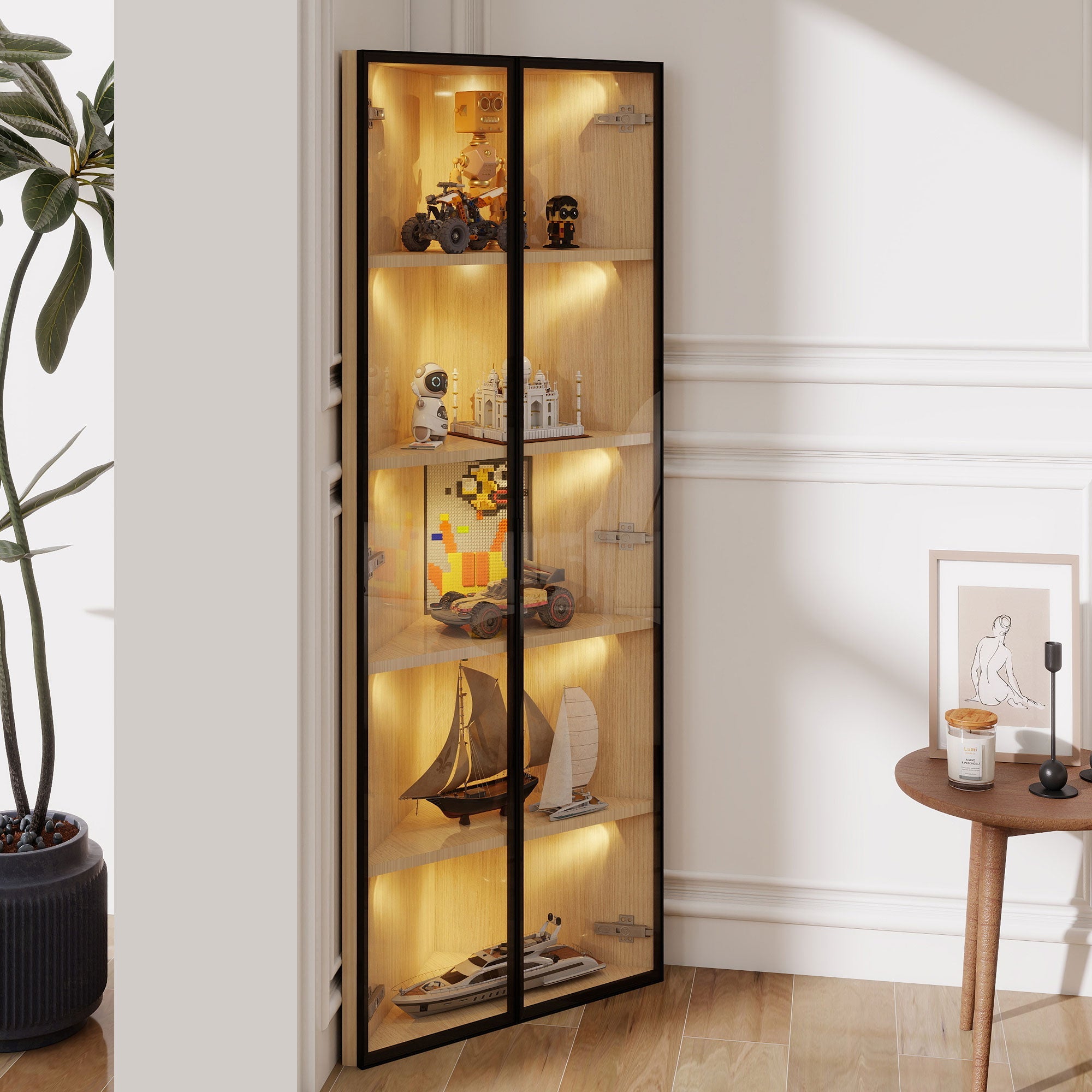 Logidon LED glazen vitrine 62 cm 35 cm 160 cm eiken hoekvitrine met deur