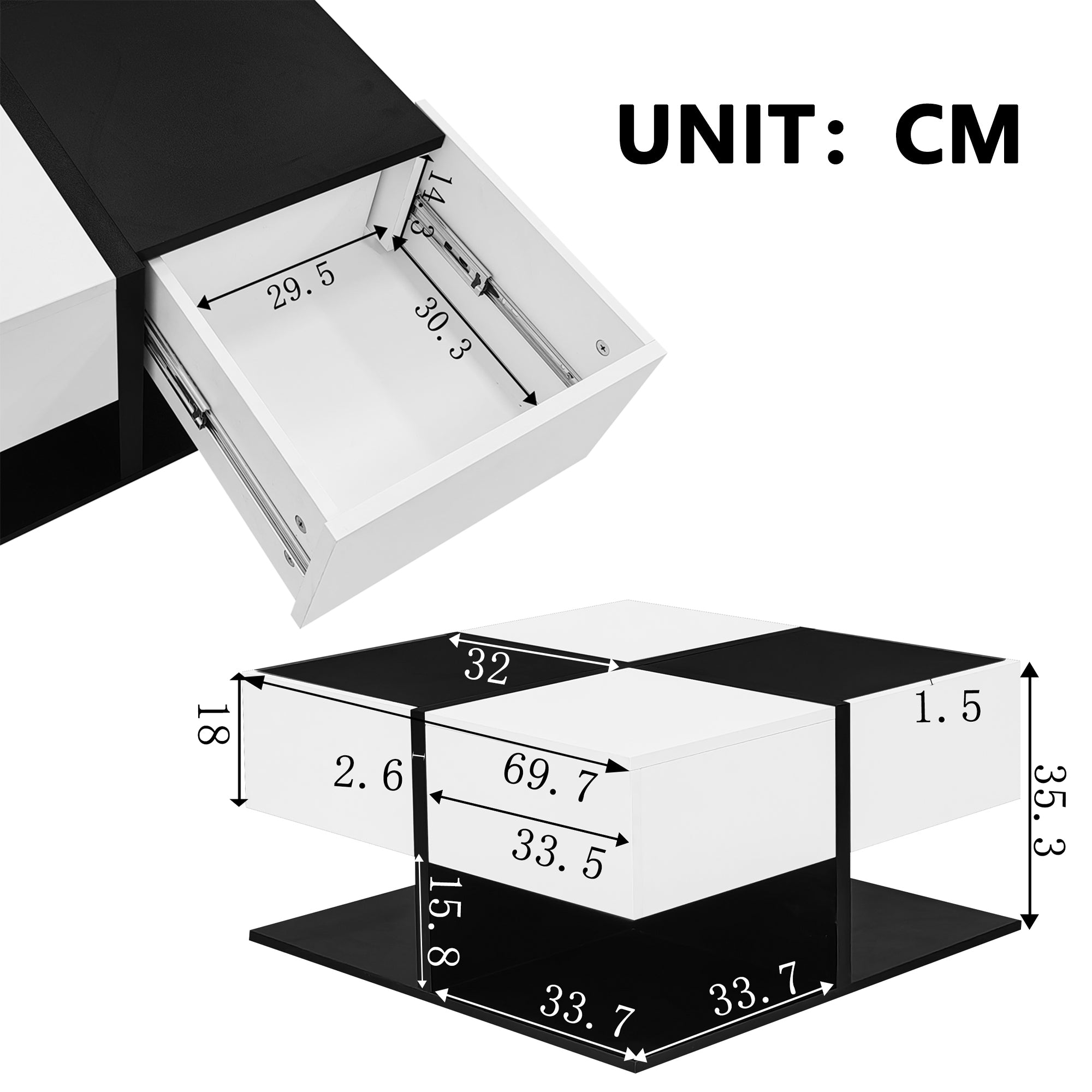 Logidon Moderne Salontafel Zwart Wit 70x70x35,5 cm Met 2 Laden