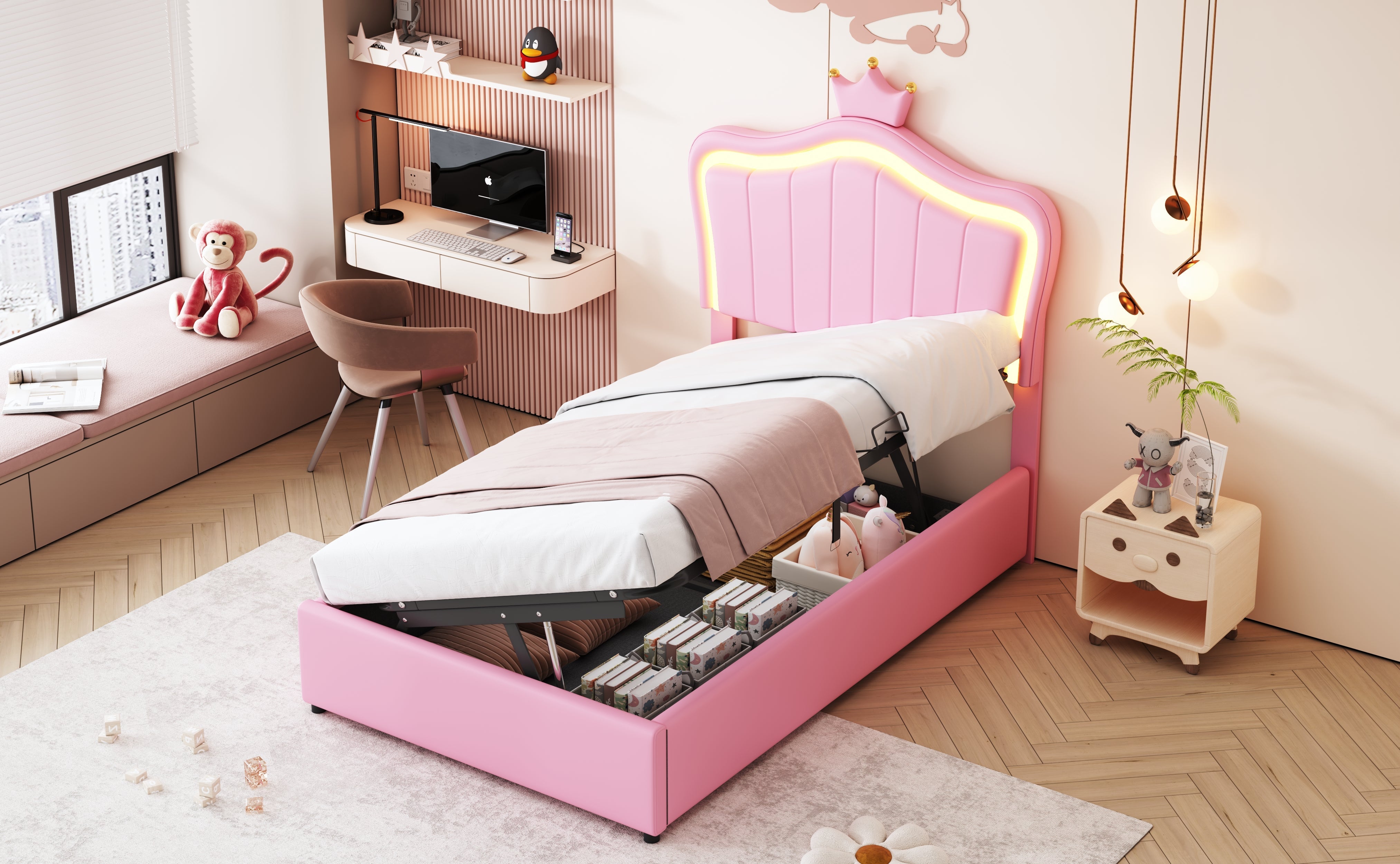 Logidon gestoffeerd bed 90x200 cm roze met kroondesign en LED