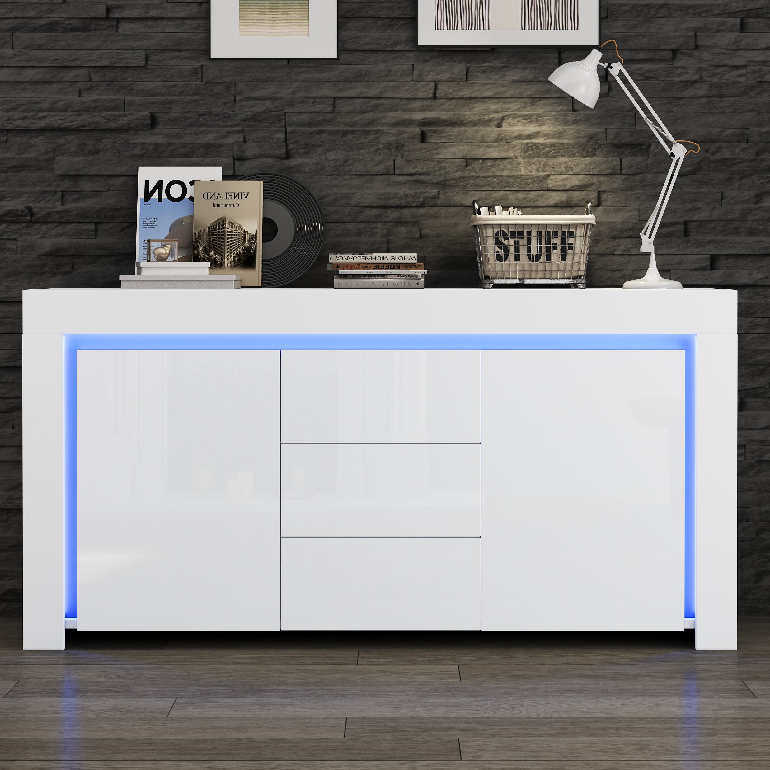 Logidon wit hoogglans dressoir 140x40x65 cm met LED verlichting
