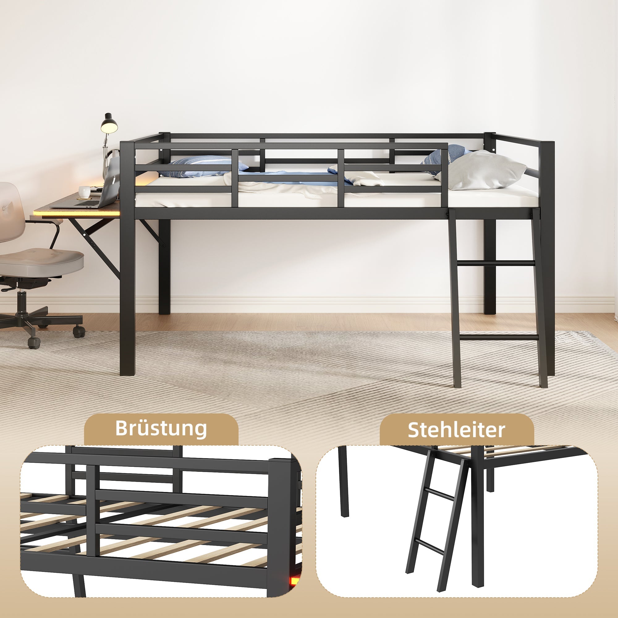 Logidon plat bed 140 x 200 cm metalen bed zwarte reling bureau