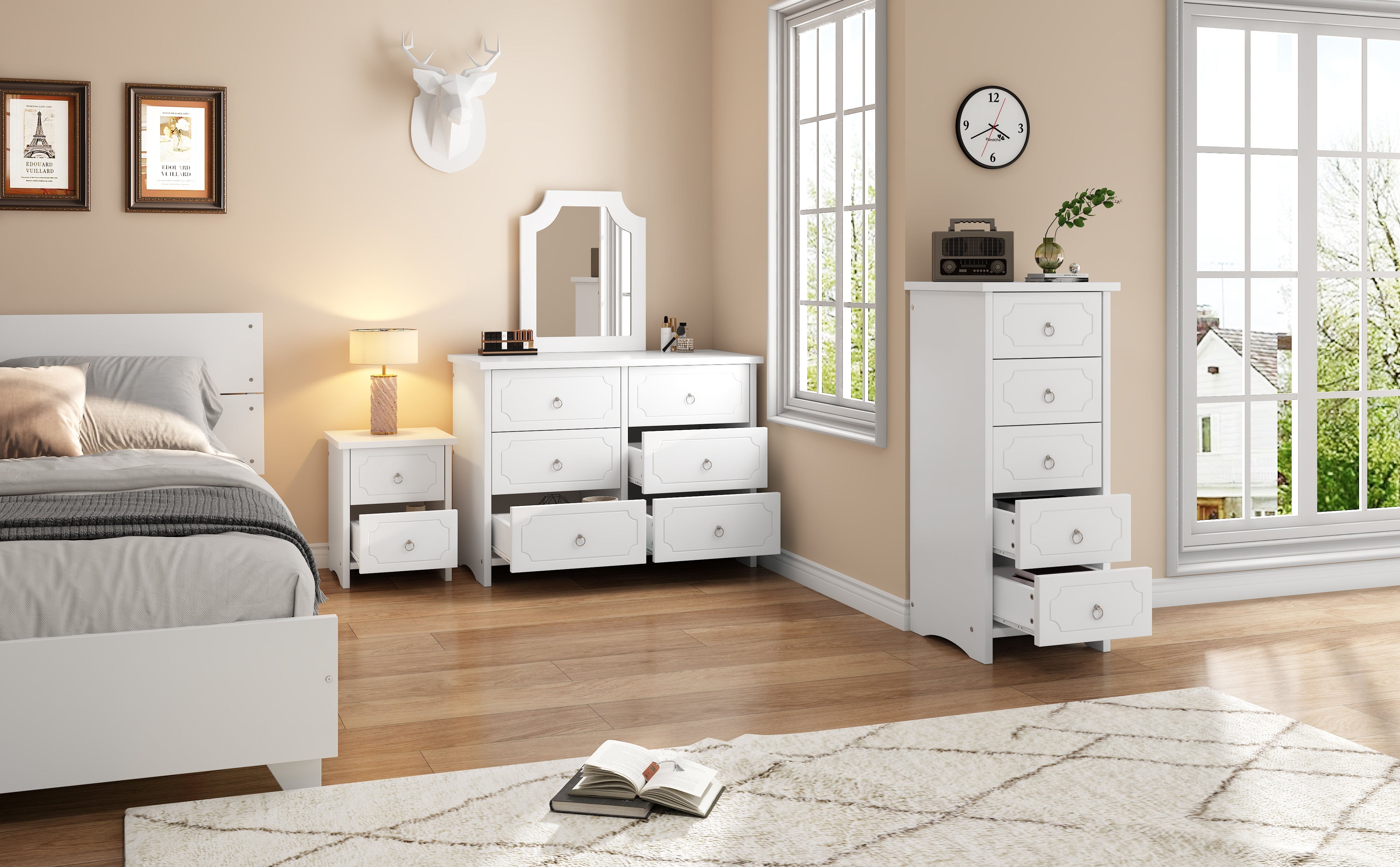 Logidon storage trio white bedside table mirror cabinet and 5 drawers