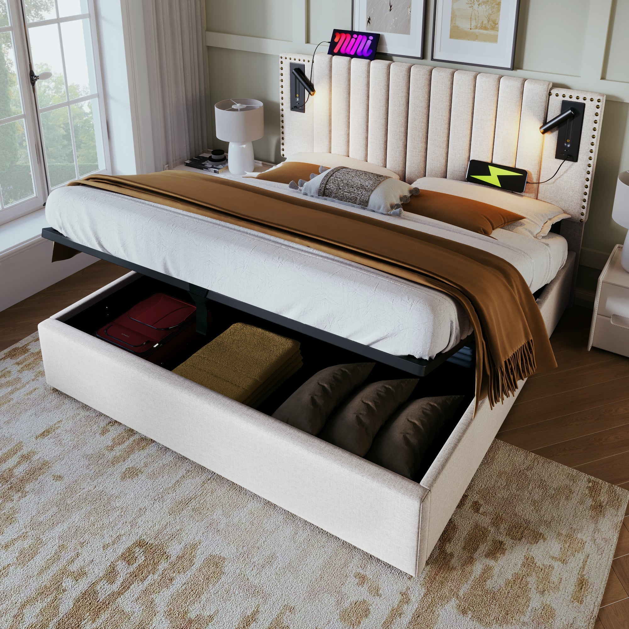 Logidon gestoffeerd bed 160x200 beige met opbergruimte en USB-leeslamp