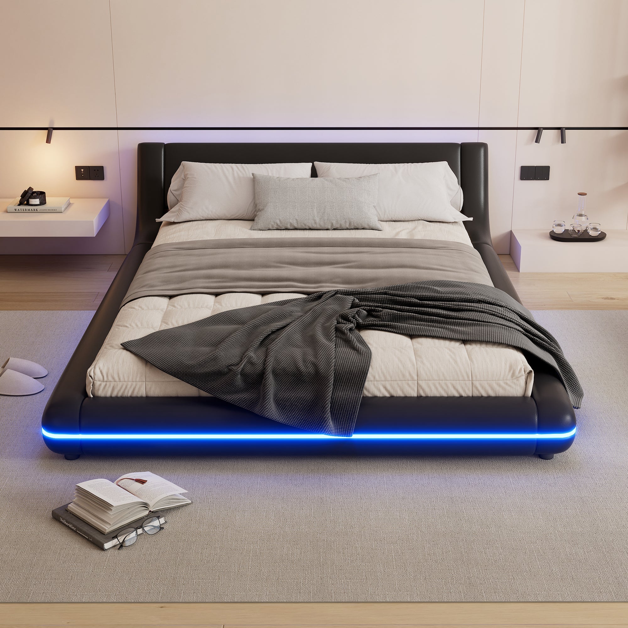 Logidon flat bed 140x200 cm faux leather black LED lighting