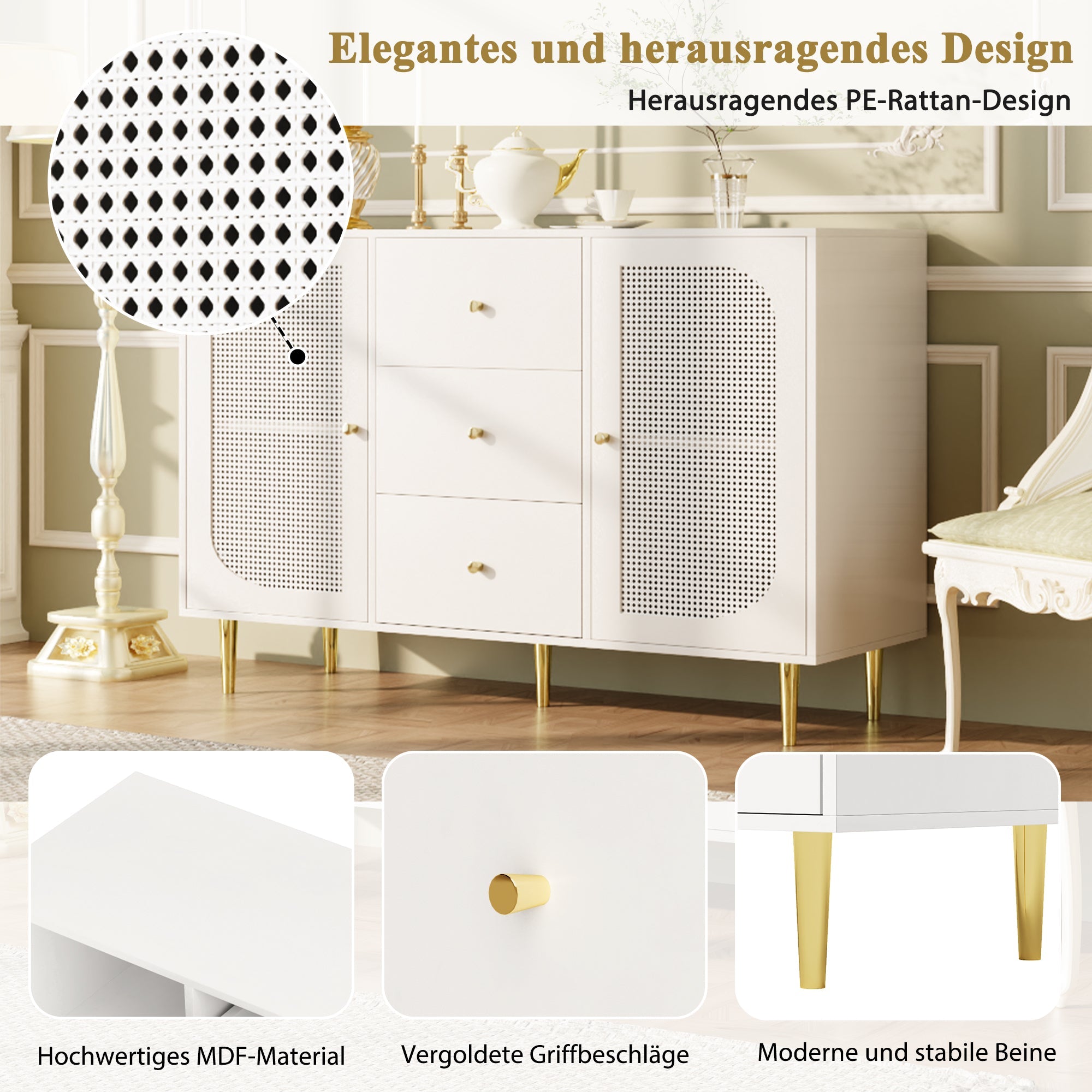 Logidon dressoir met rotan deuren wit 120 x 40 x 90 cm