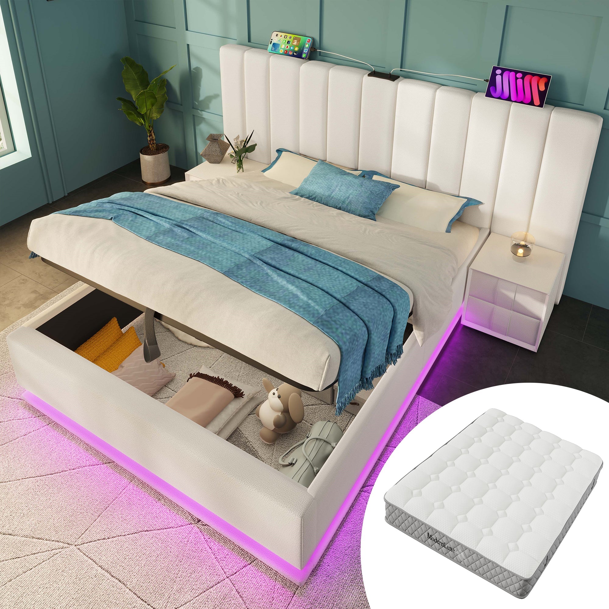 Logidon gestoffeerd bed 180x200 wit met opbergruimte LED app-bedieningsmatras