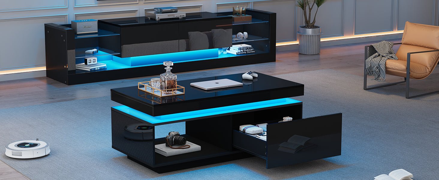 Logidon TV wall cabinet set black high gloss with LED lighting 181cm