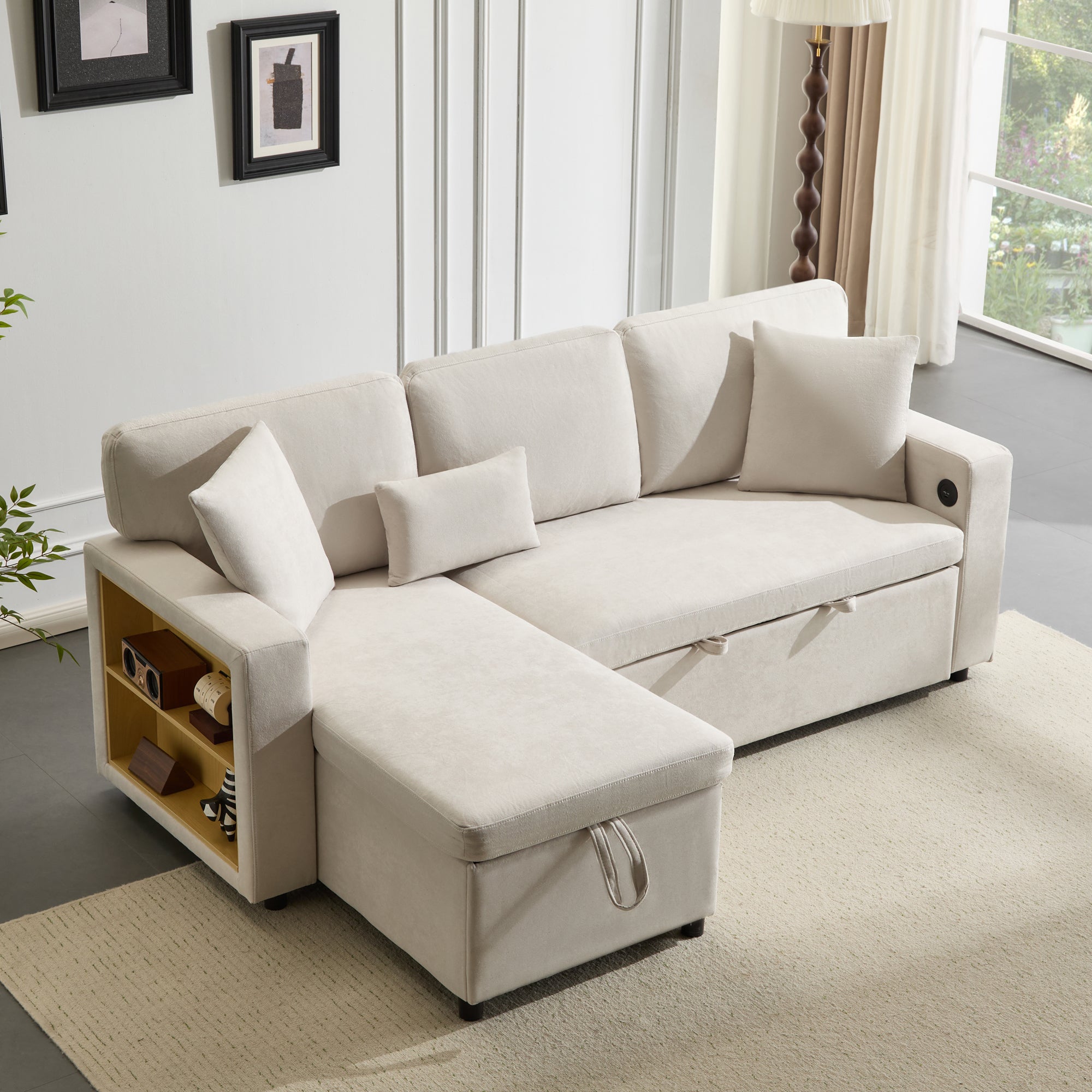 Logidon corner sofa bed L-shape extendable beige with bed box shelf