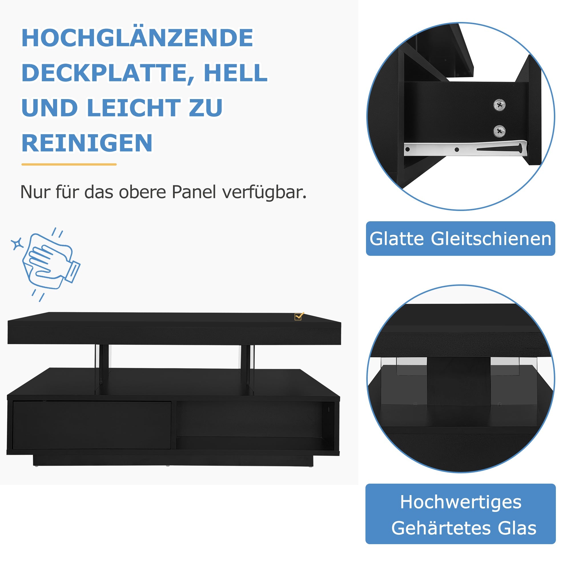Logidon hoogglans salontafel zwart 95x50x42,5 cm glazen bladen