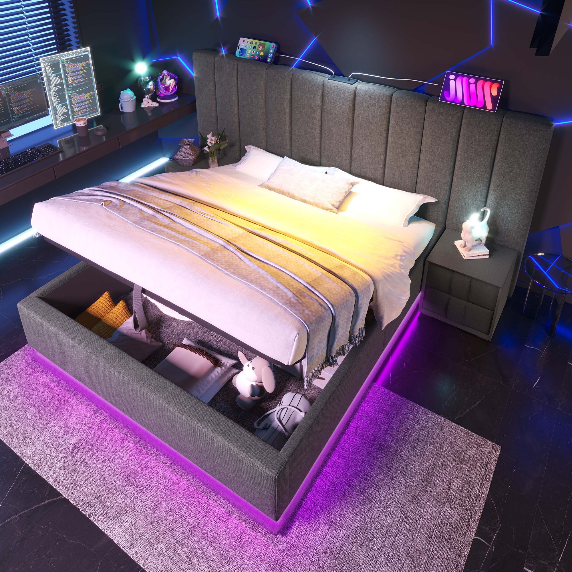 Logidon gestoffeerd bed 160x200 grijs met opbergruimte LED app bediening