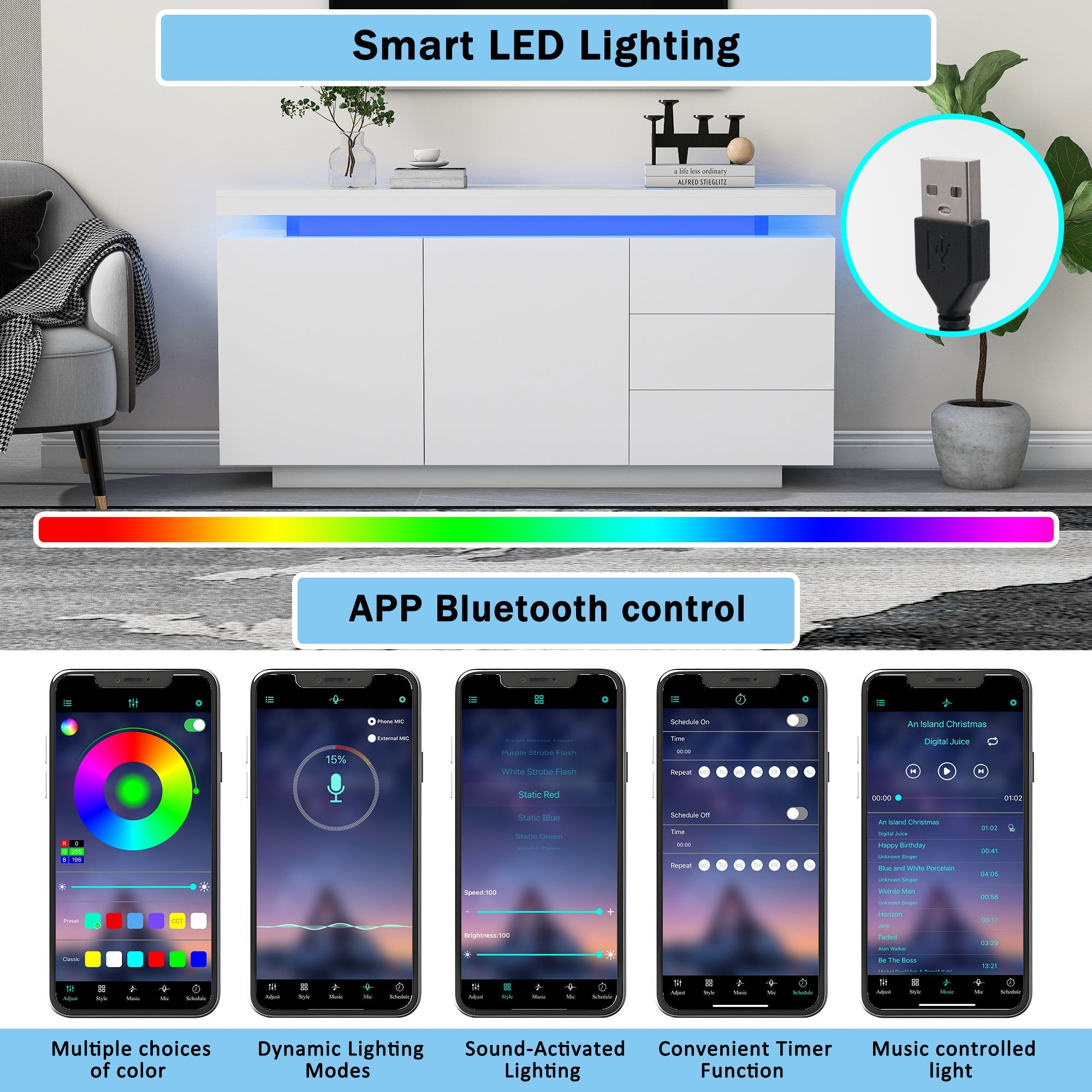 Logidon dressoir wit LED licht 140x35x72,5 cm 2 deuren 3 lades