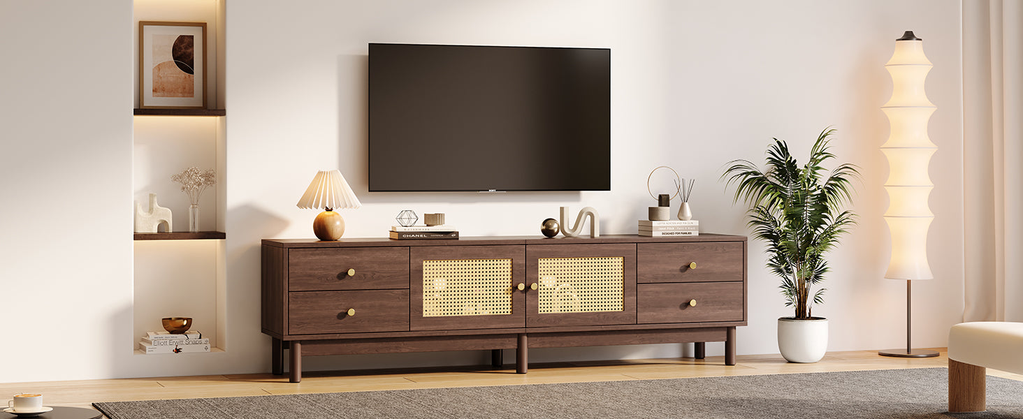 Logidon TV cabinet 180 cm dark wood look rattan doors cable management
