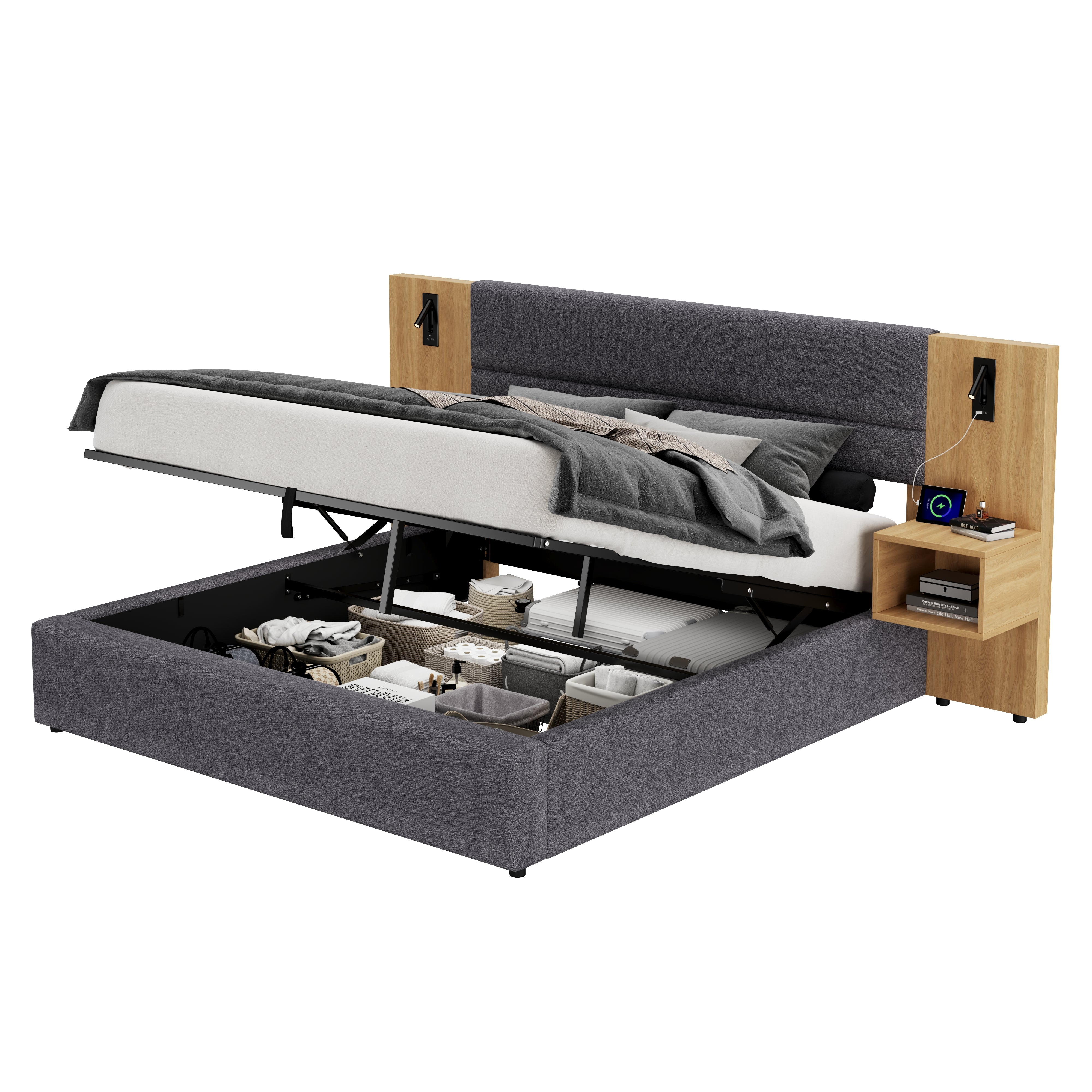 Logidon gestoffeerd bed 160x200 cm fluweelgrijs USB-oplaadfunctie opbergruimte
