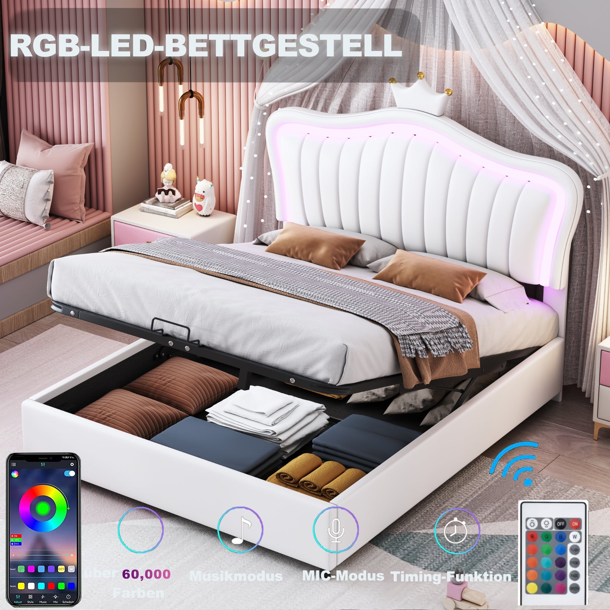 Logidon kinderbed 140 x 200 cm gestoffeerd bed met opbergruimte LED wit
