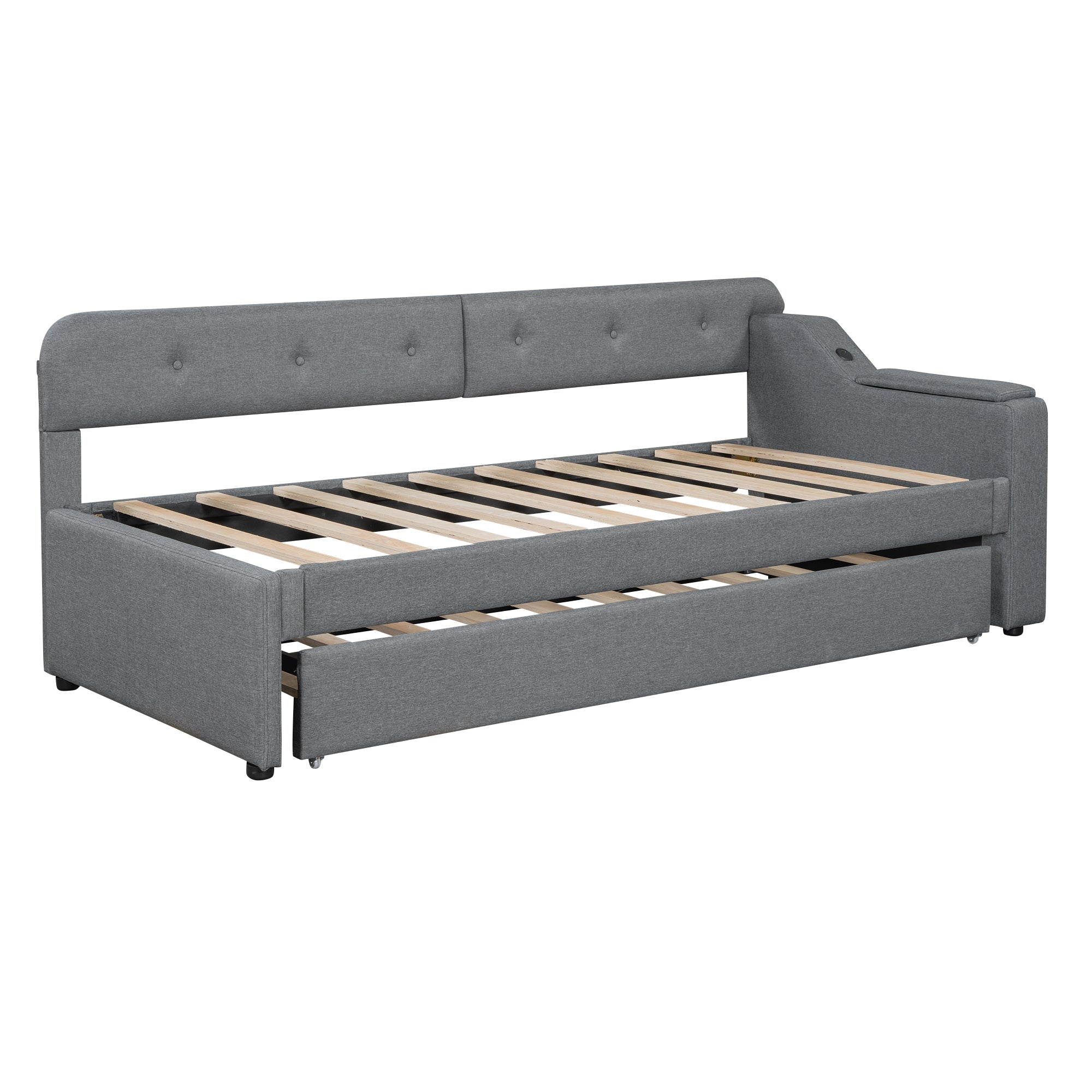 Logidon slaapbank 90x200 cm grijs linnen met USB Type C lattenbodem