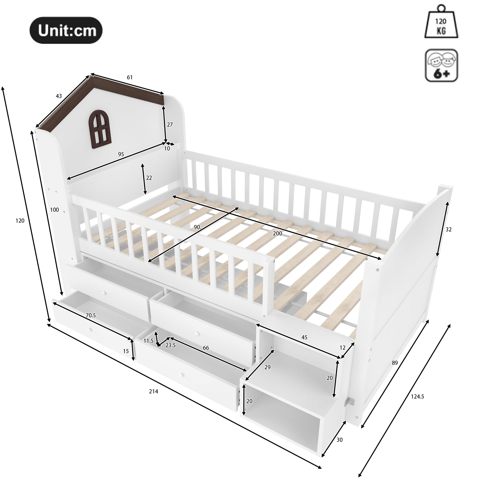 Logidon halfhoogsbed 90x200 wit met huisvorm en 4 lades