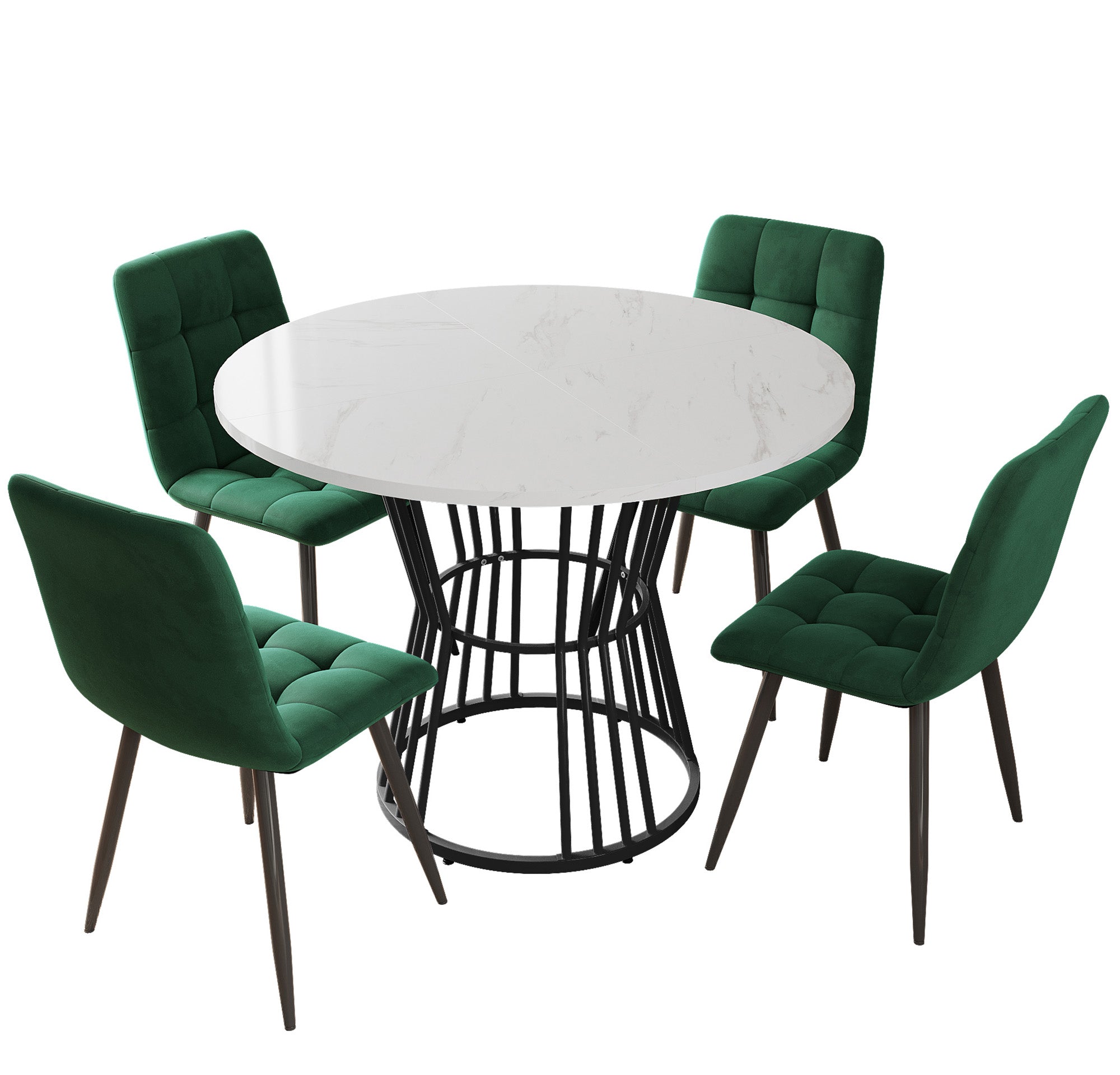 Logidon Eettafelset Rond 100 cm Wit MDF Tafelblad Groen Fluwelen Stoelen